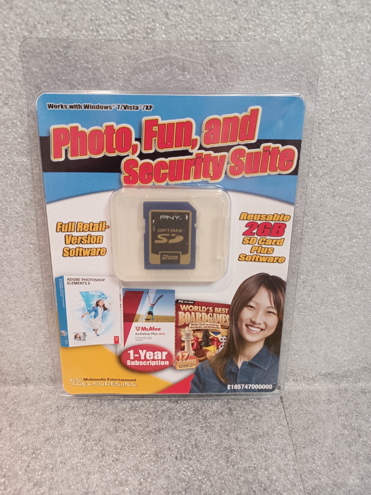 Adobe Elements 8 (perpetual lic), McAfee (1yr), PNY Optima 2GB, PC board games