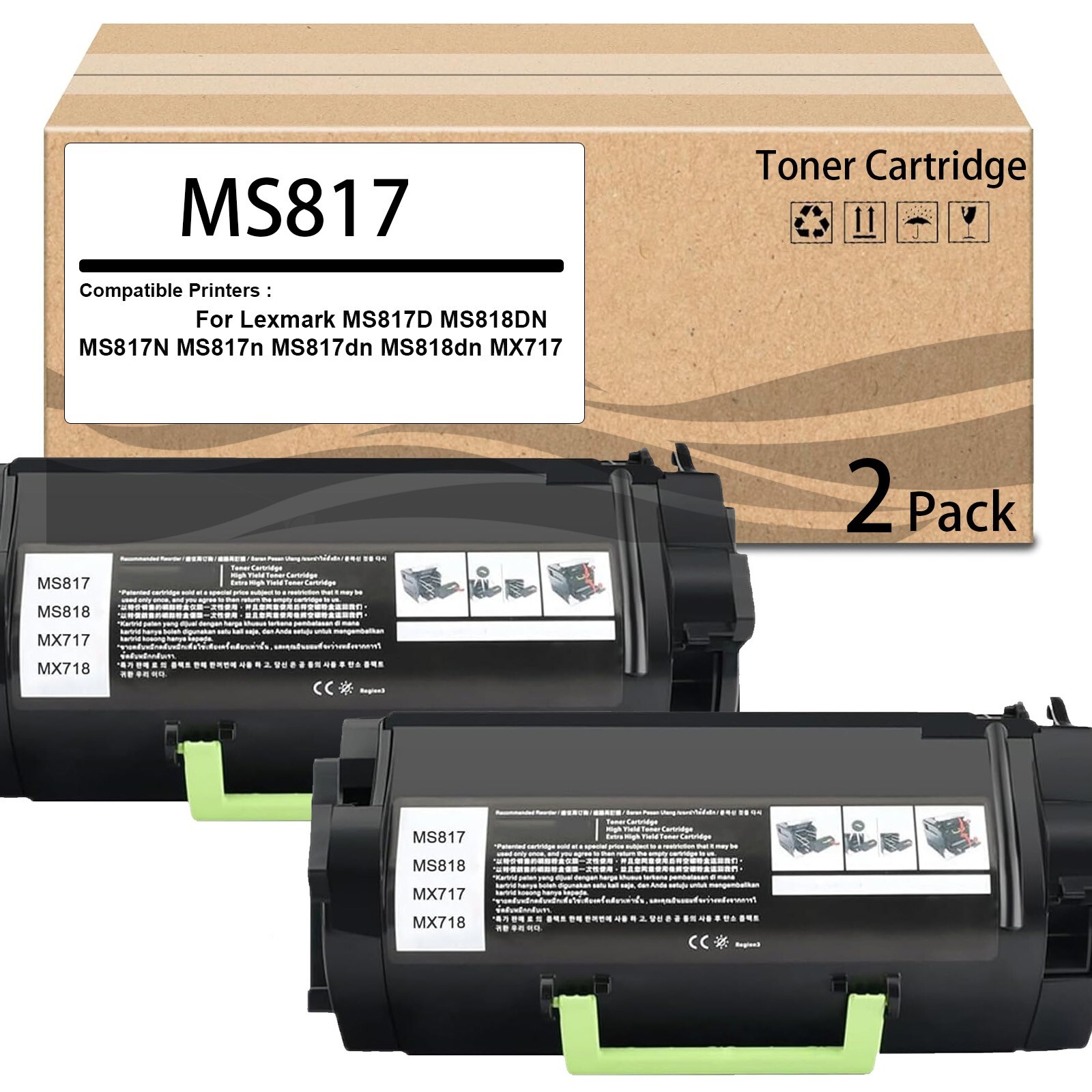 2 Pack MS817 MS818 Toner Cartridge High Pages 53B1H00 53B0HA0 53B1000 Works for