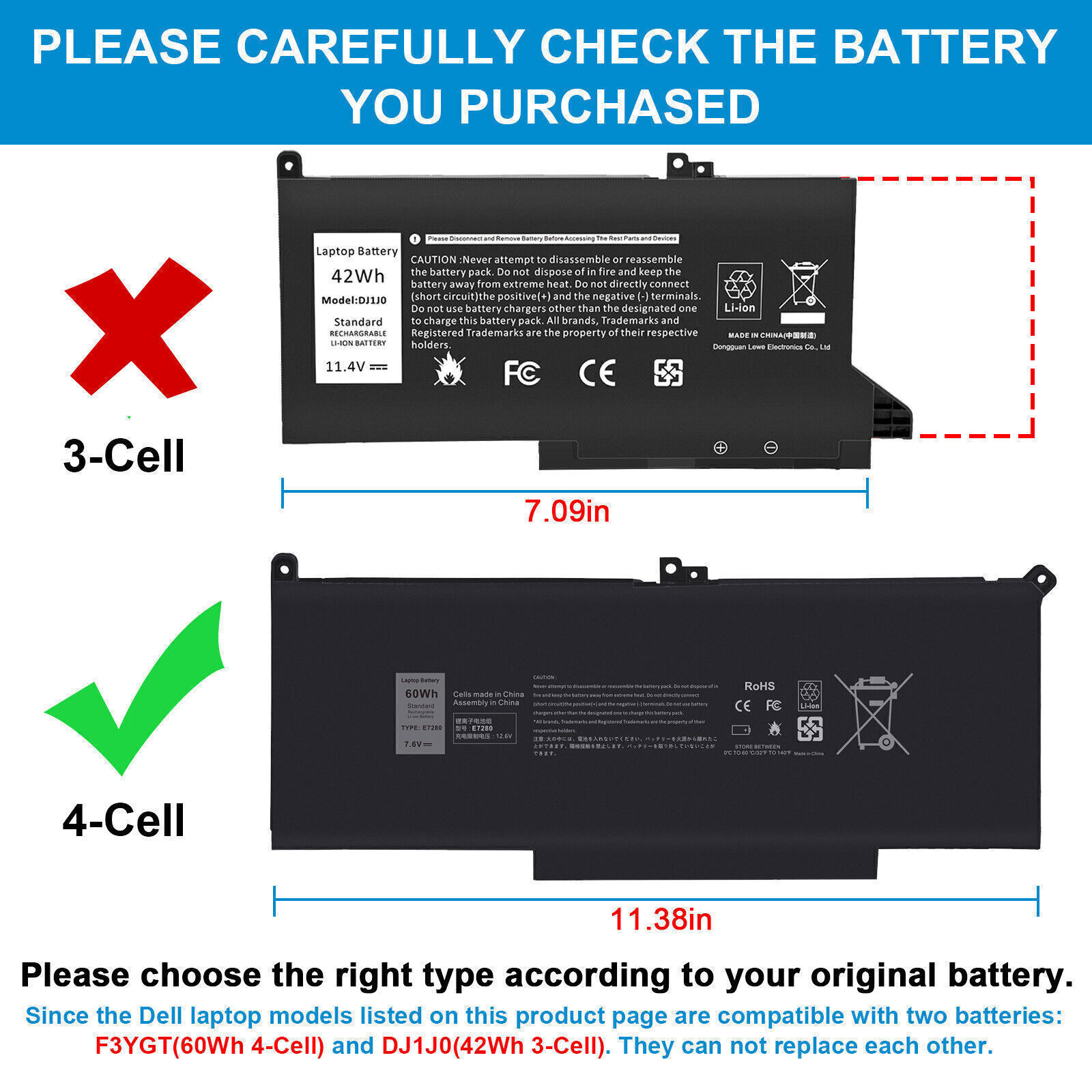 Lot F3YGT DM3WC Battery For Dell Latitude 12 13 14 E7280 E7480 7480 7390 7490 