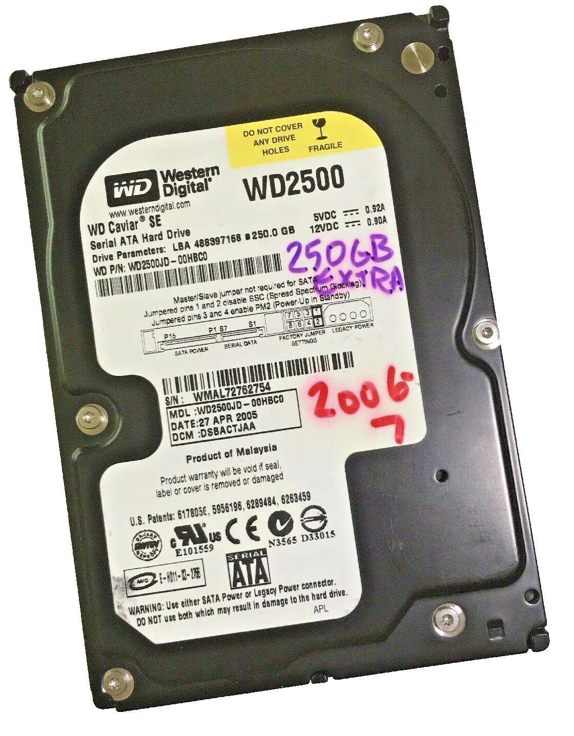 WD Caviar SE 250GB 3.5in SATA II Internal Hard Drive 2005 For Parts Only HDD