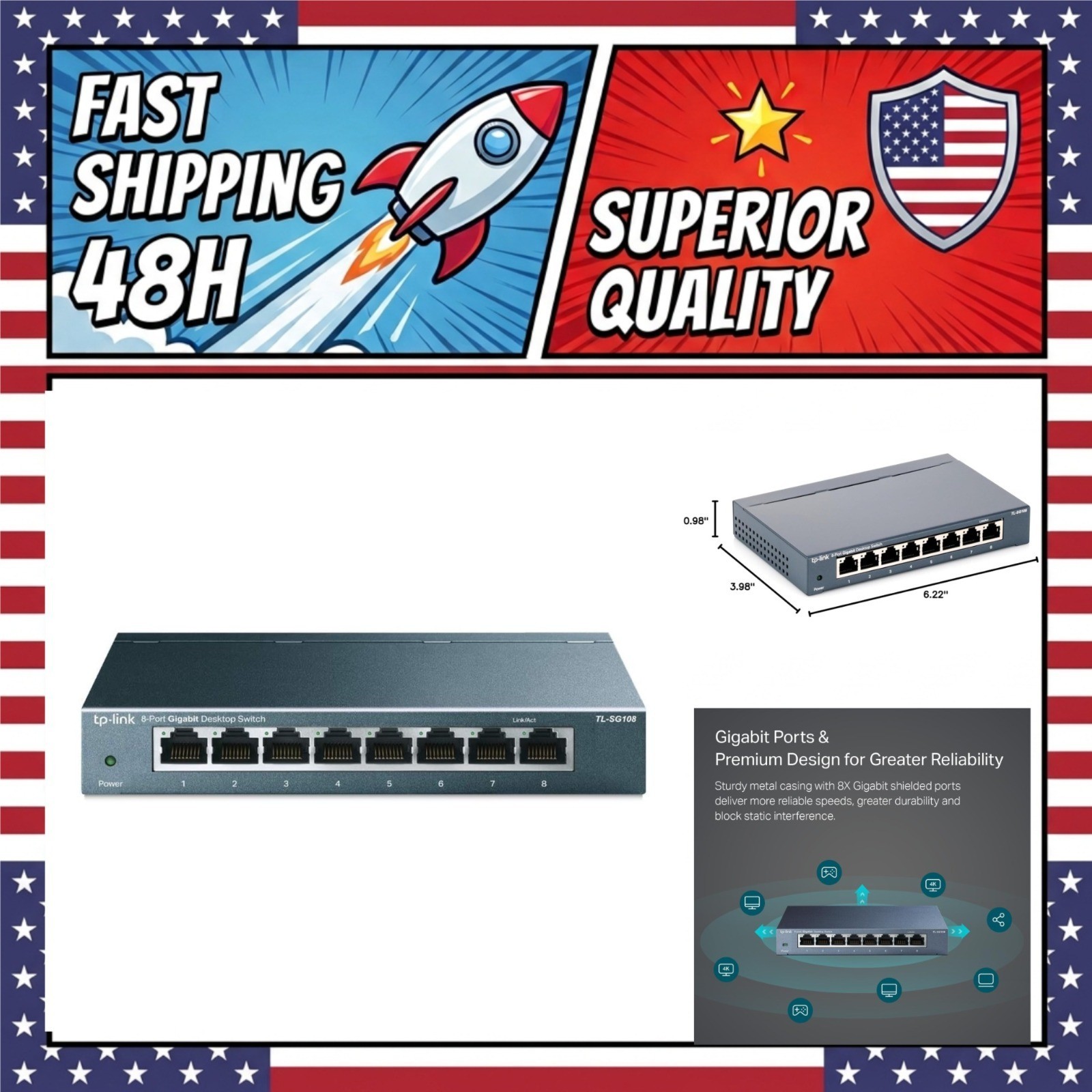 TP-Link TL-SG108 8 Port Gigabit Ethernet Network Switch, Unmanaged, Metal,