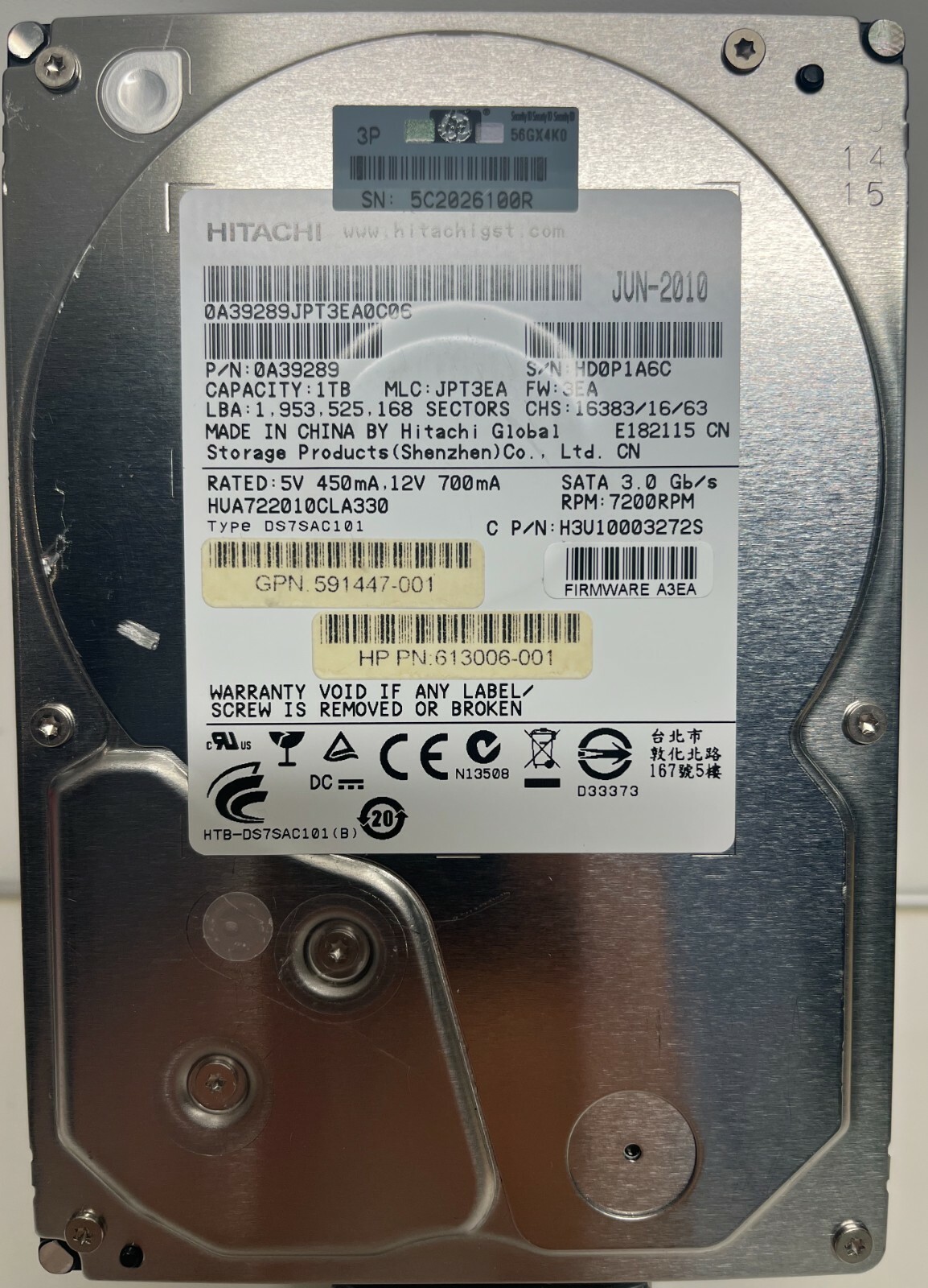 Hitachi HUA722010CLA330 0A39289 JPT3EA JUN-2010 7200 RPM 1.0 TB 3.5" HDD