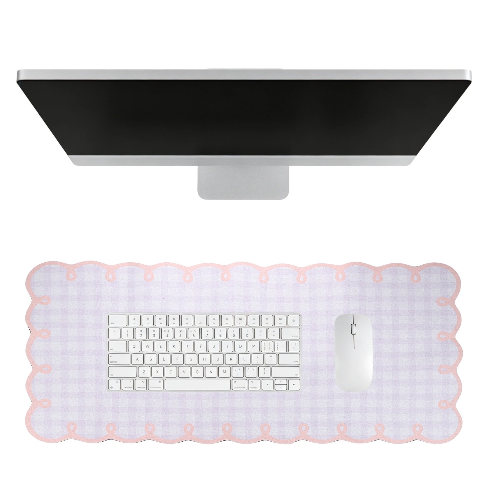 Scalloped Desk Mat, 35.4 x 15.7" Checkered Large Mouse Pad, Light Pink-Orange