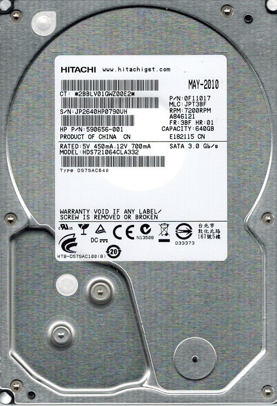 Hitachi HDS721064CLA332 P/N: 0F11017 MLC: JPT3BF 640GB