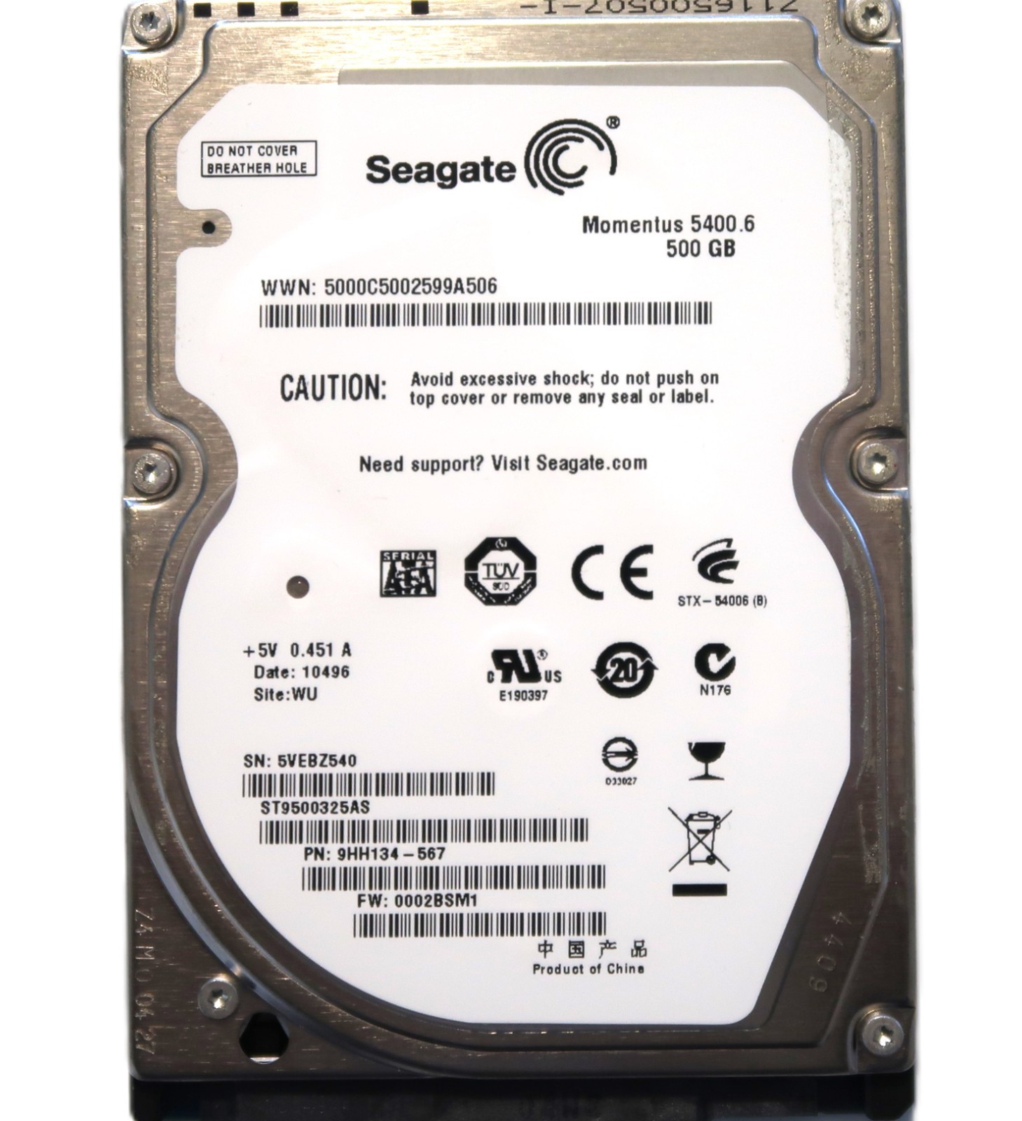 Seagate ST9500325AS 9HH134-567 0002BSM1 (5VE) WU China 2.5" 500gb Sata 07/2010