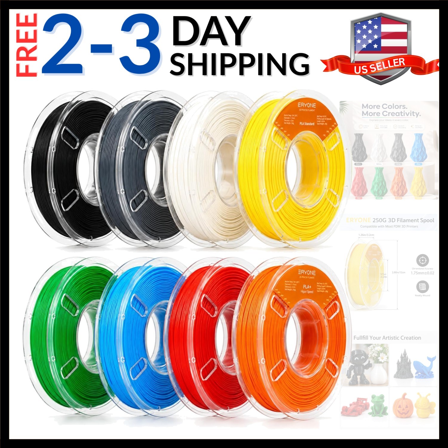 PLA Filament Bundle, 8 Colors, 1.75mm ± 0.02mm Dimensional Accuracy, 8 × 250g...