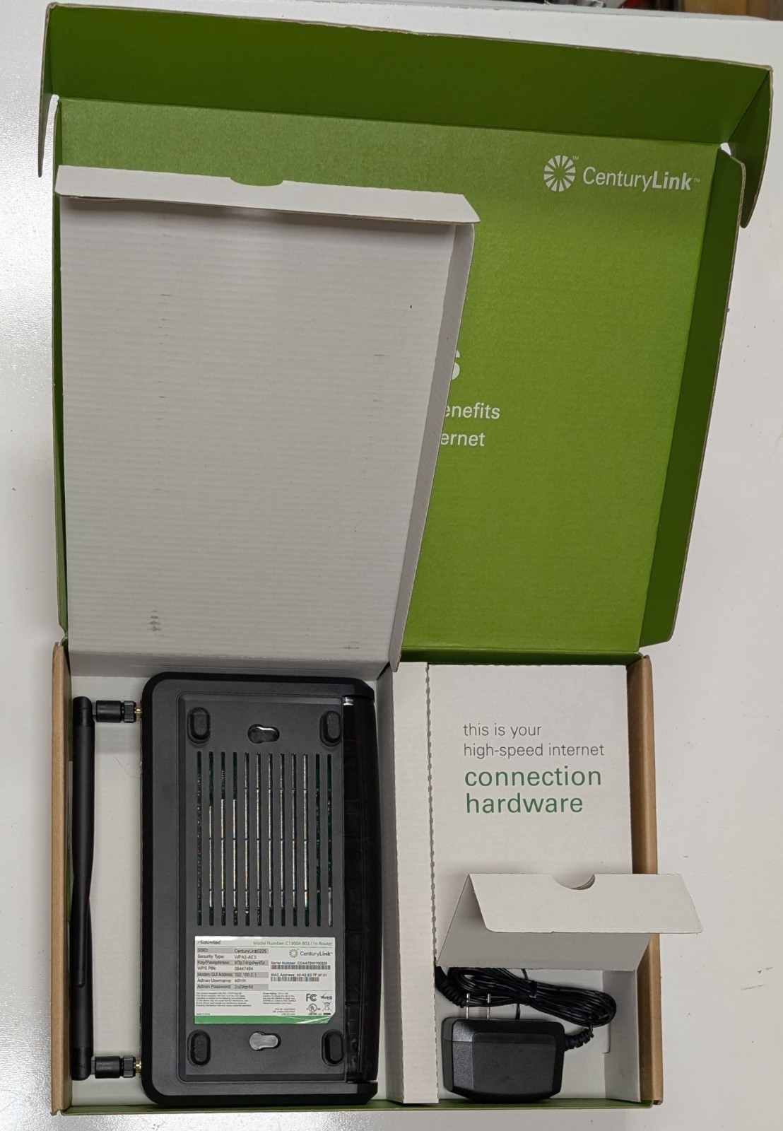 CenturyLink C1900A Ethernet Wireless 4-Port WiFi Modem Router Black w/ Adapter