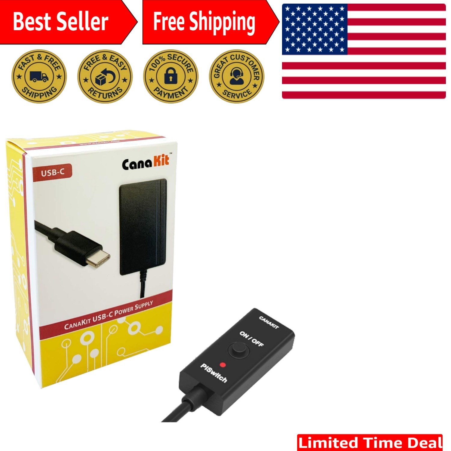 High-Performance 3.5A USB-C Power Supply for Raspberry Pi 4 - Heavy-Duty Cable