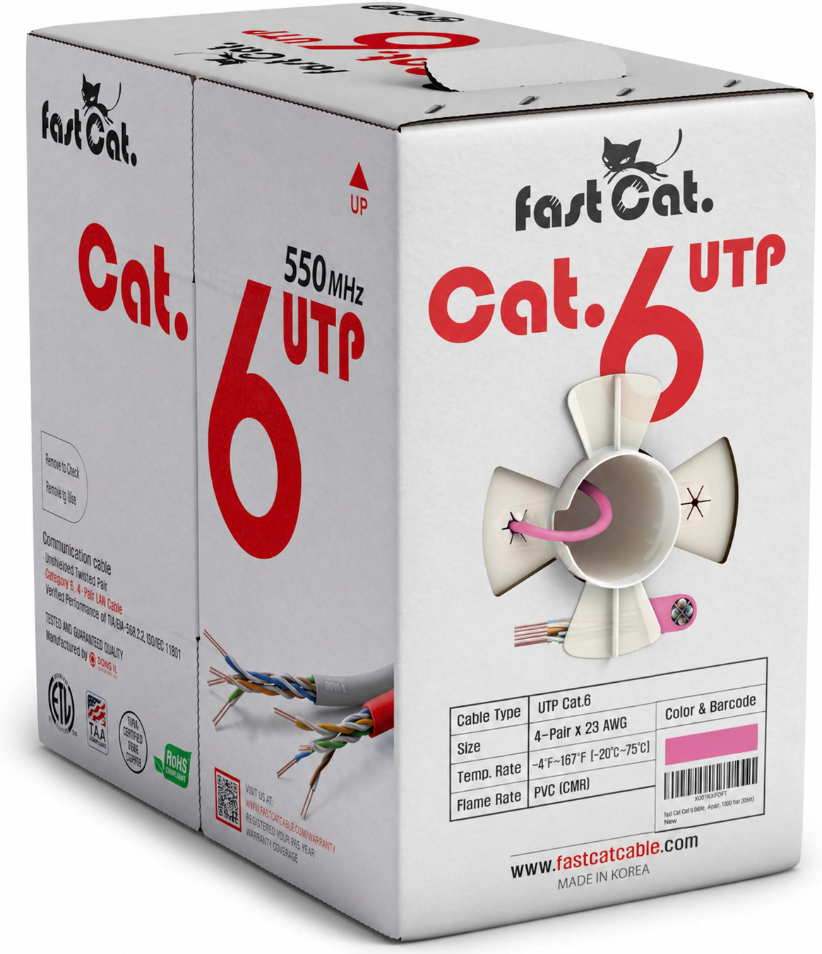 Cat6 Ethernet Cable - 23 AWG, CMR, Solid Bare Copper - 980ft - Pink