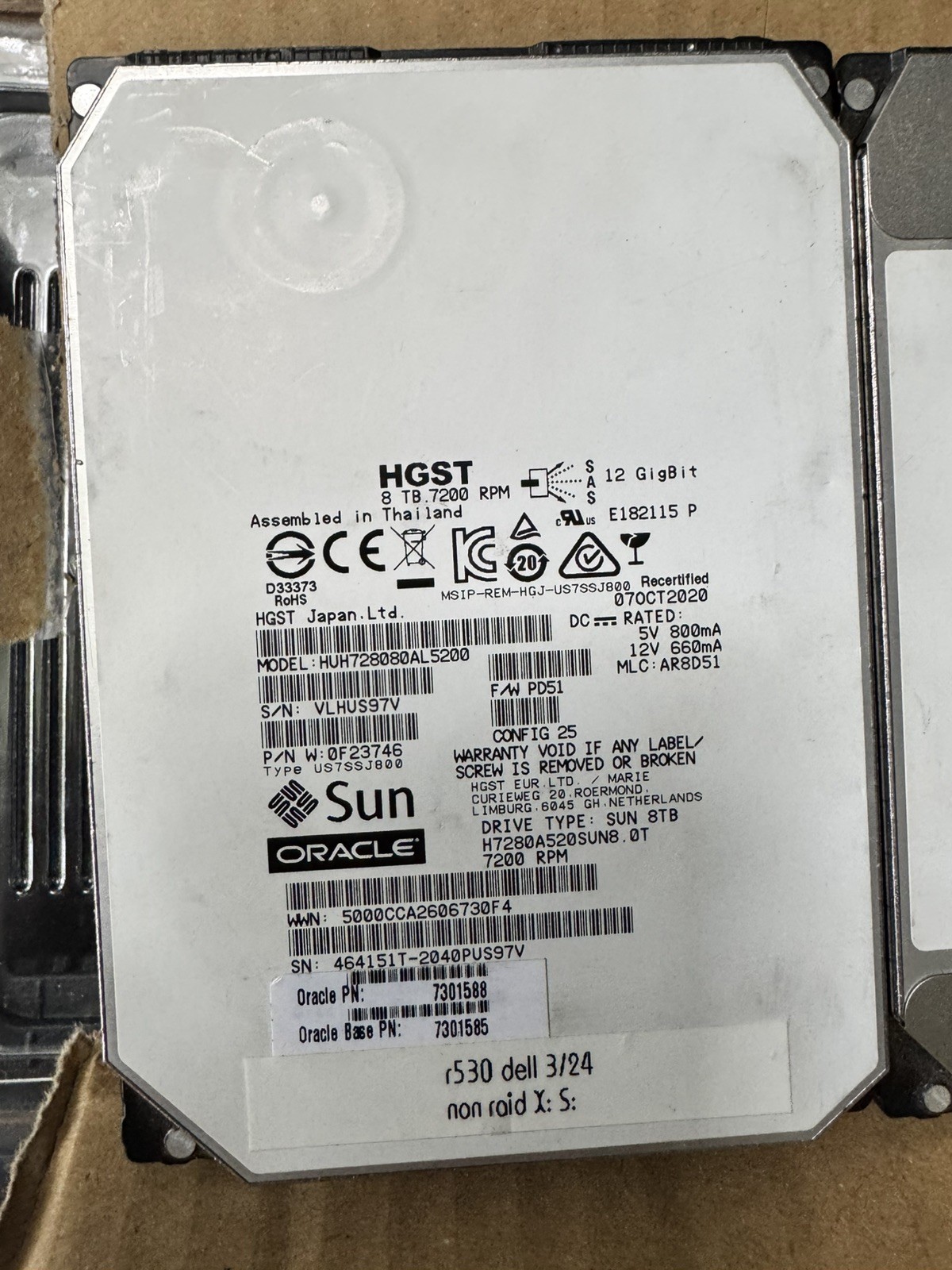 HGST 8TB Ultrastar He10 7.2K SAS 3.5" Hard Drive HDD HUH721008AL5200 100% Health