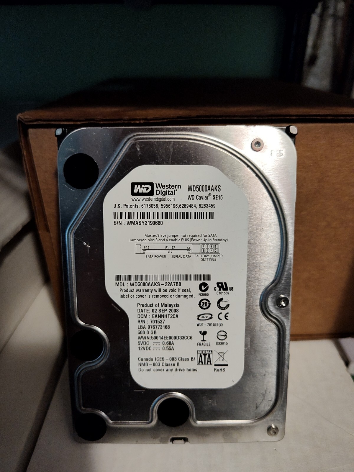 Western Digital Caviar 500GB Internal 7200RPM 3.5" WD5000AAKS HDD Item #054