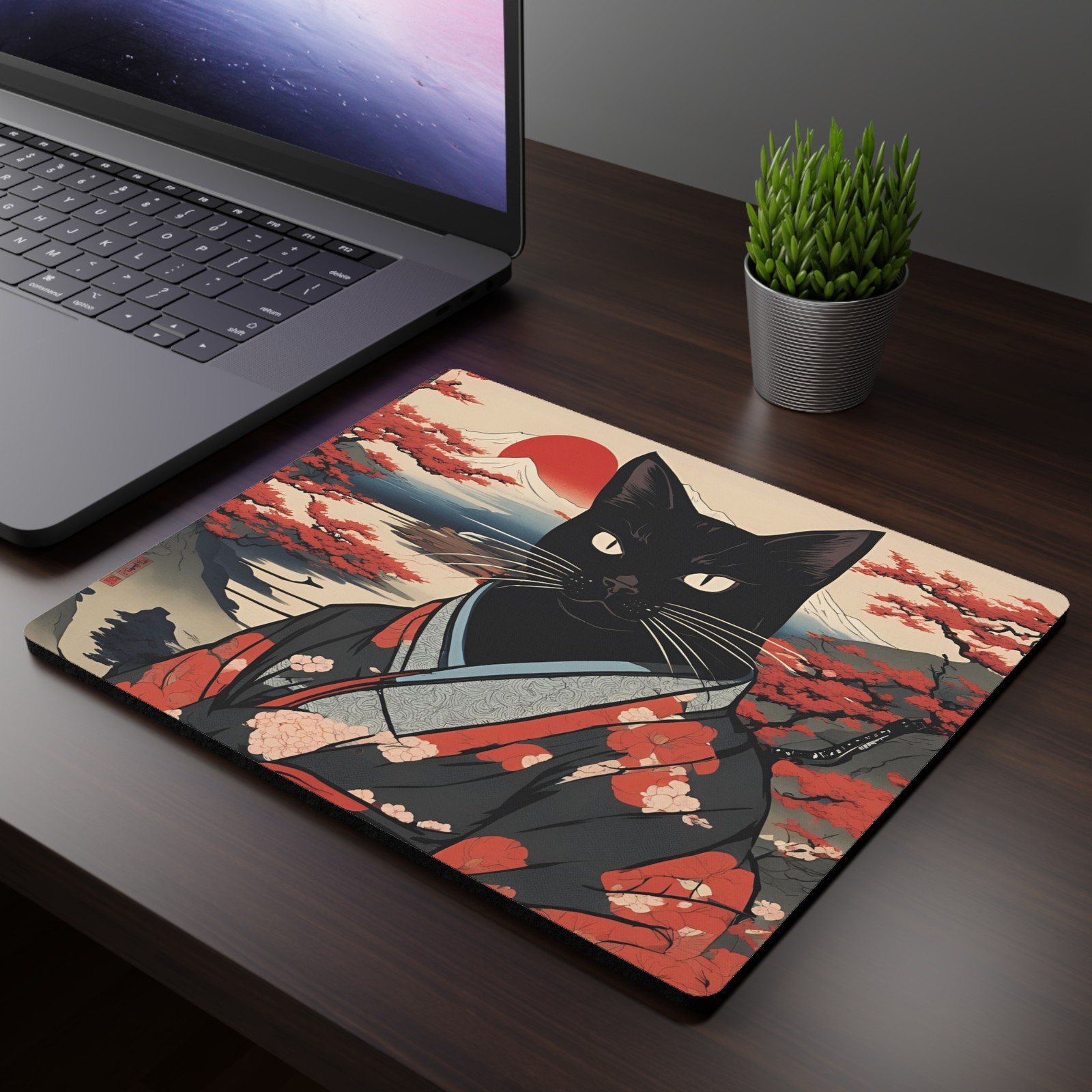 Ukiyo-e style Black cat Mouse pad, Black cat Japanese art Rectangular desk mat