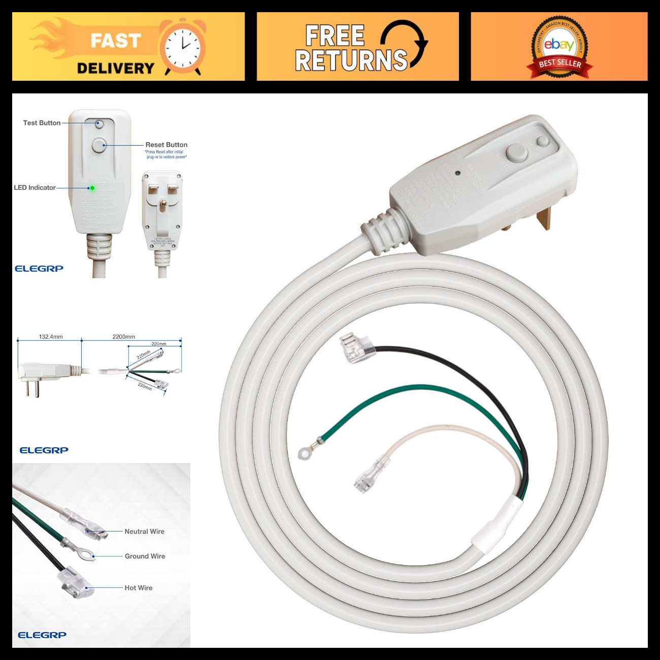 25Amp 12AWG 240VAC Power Cord Plug for A/C, LCDI Interrupter, 7.5FT, UL Certifie