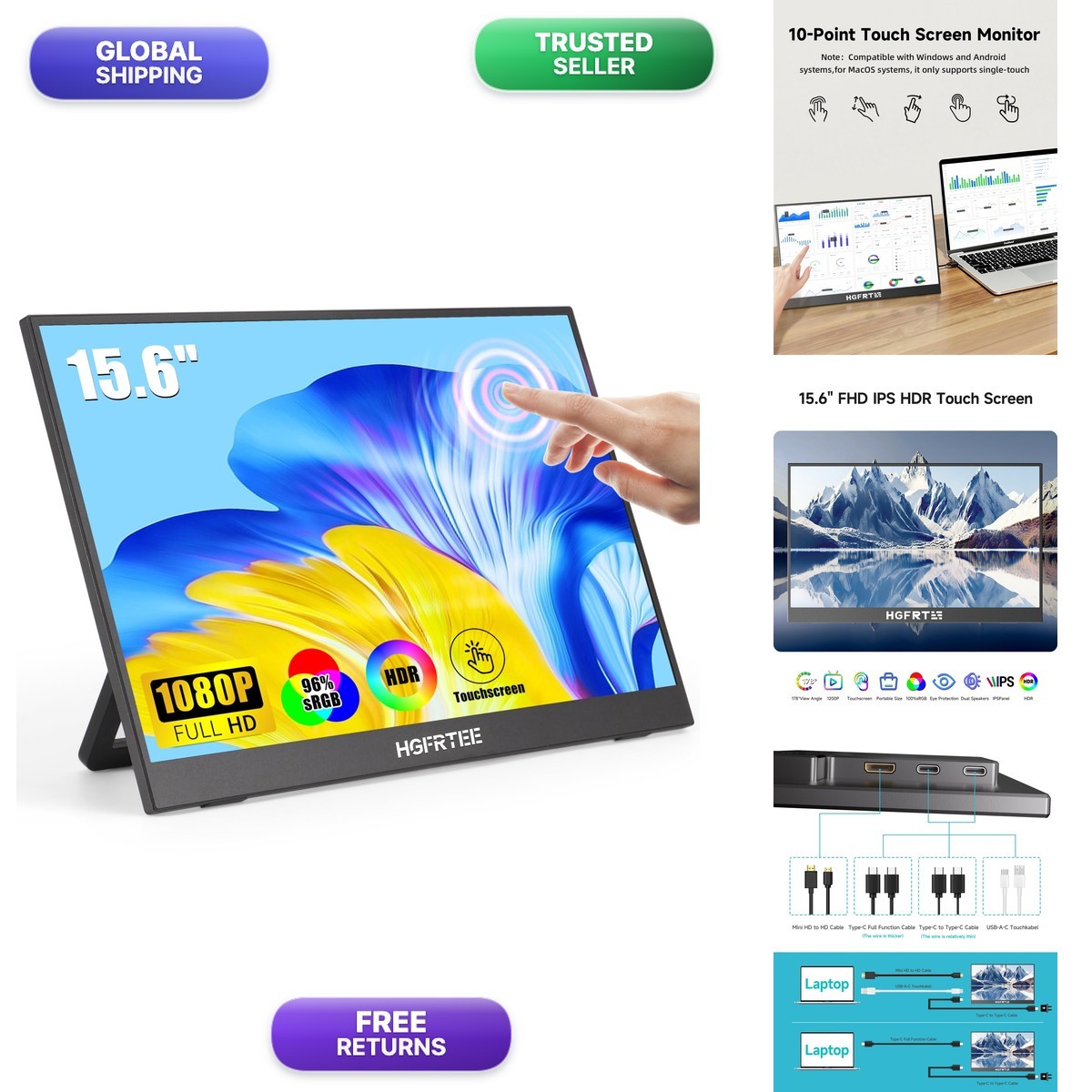 HGFRTEE Portable Monitor Touchscreen 15.6" 1920x1080 60Hz FHD IPS HDR 10-Point