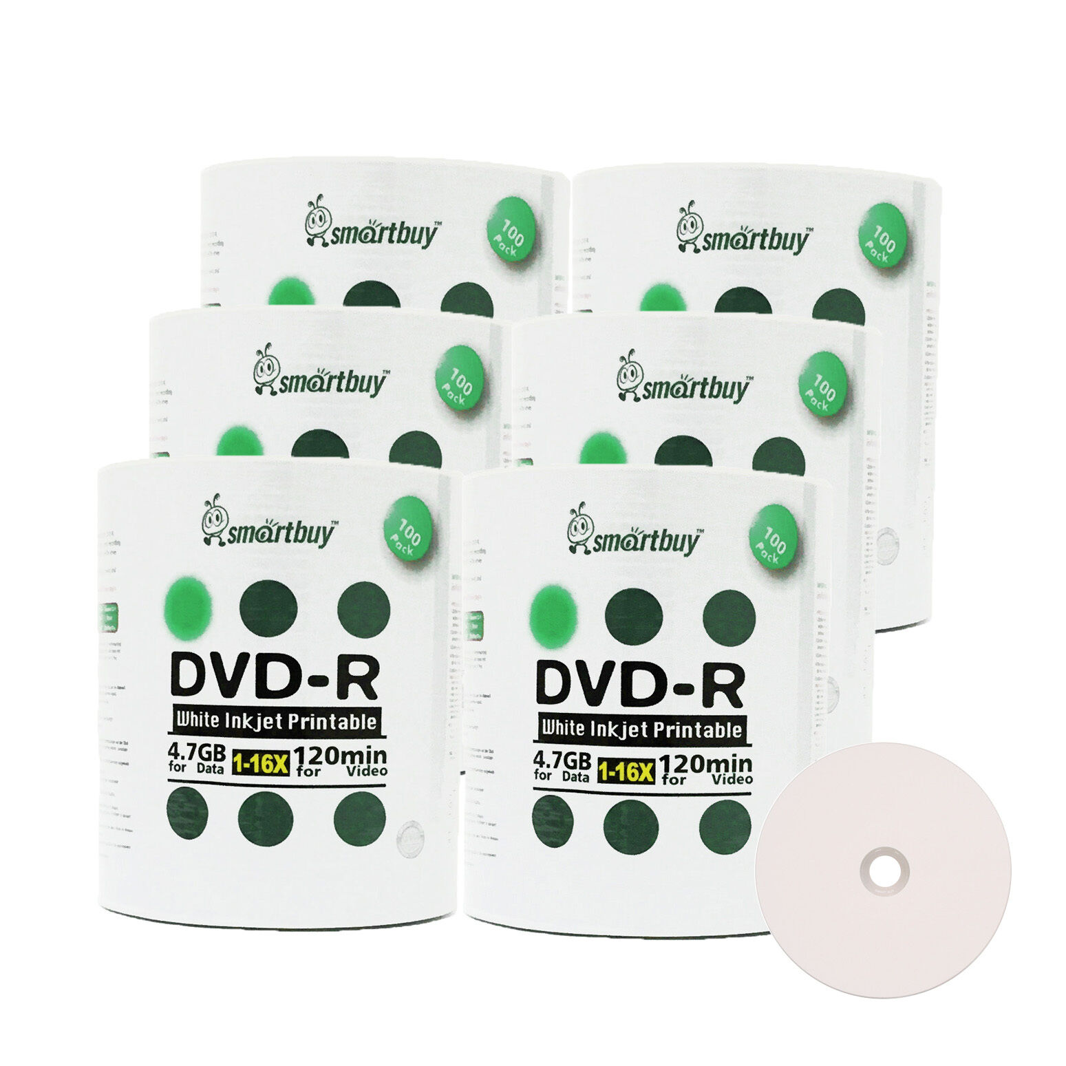 600 Pcs SmartBuy DVD-R DVDR 16X 4.7GB White Inkjet Hub Printable Recordable Disc