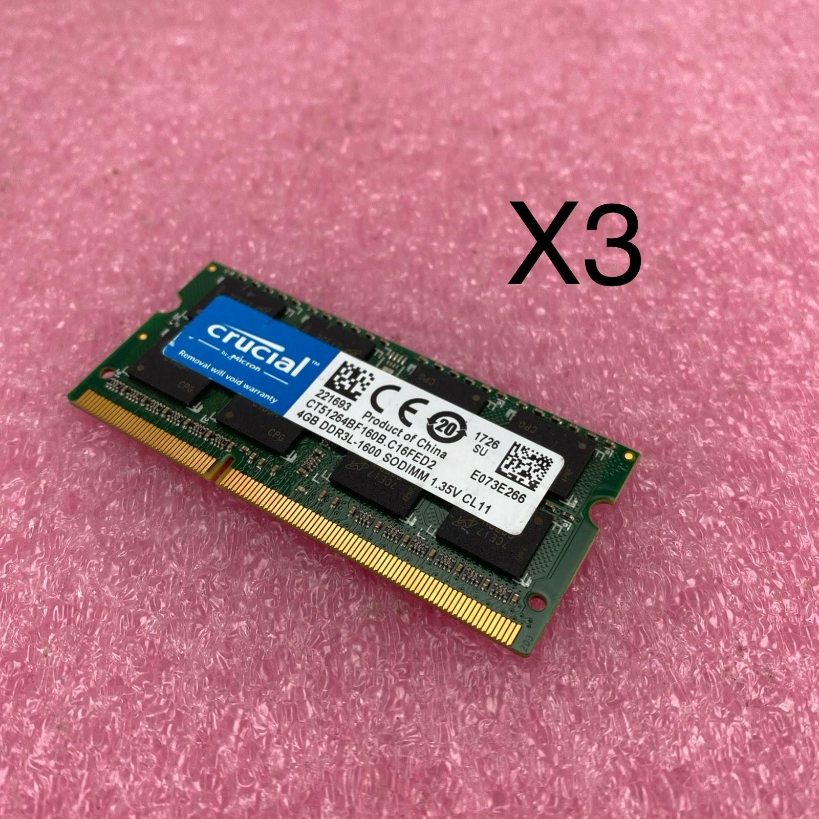 Crucial 4GB DDR3L-1600 Laptop Memory Ram CT51264BF160B.C16FED2 - Lot of 3