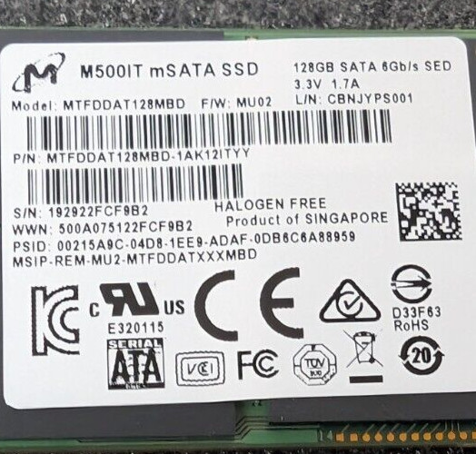 New, Micron Tech, MTFDDAT128MBD-1AK12ITYY, SSD 128GB MSATA MLC SATAIII 3.3V