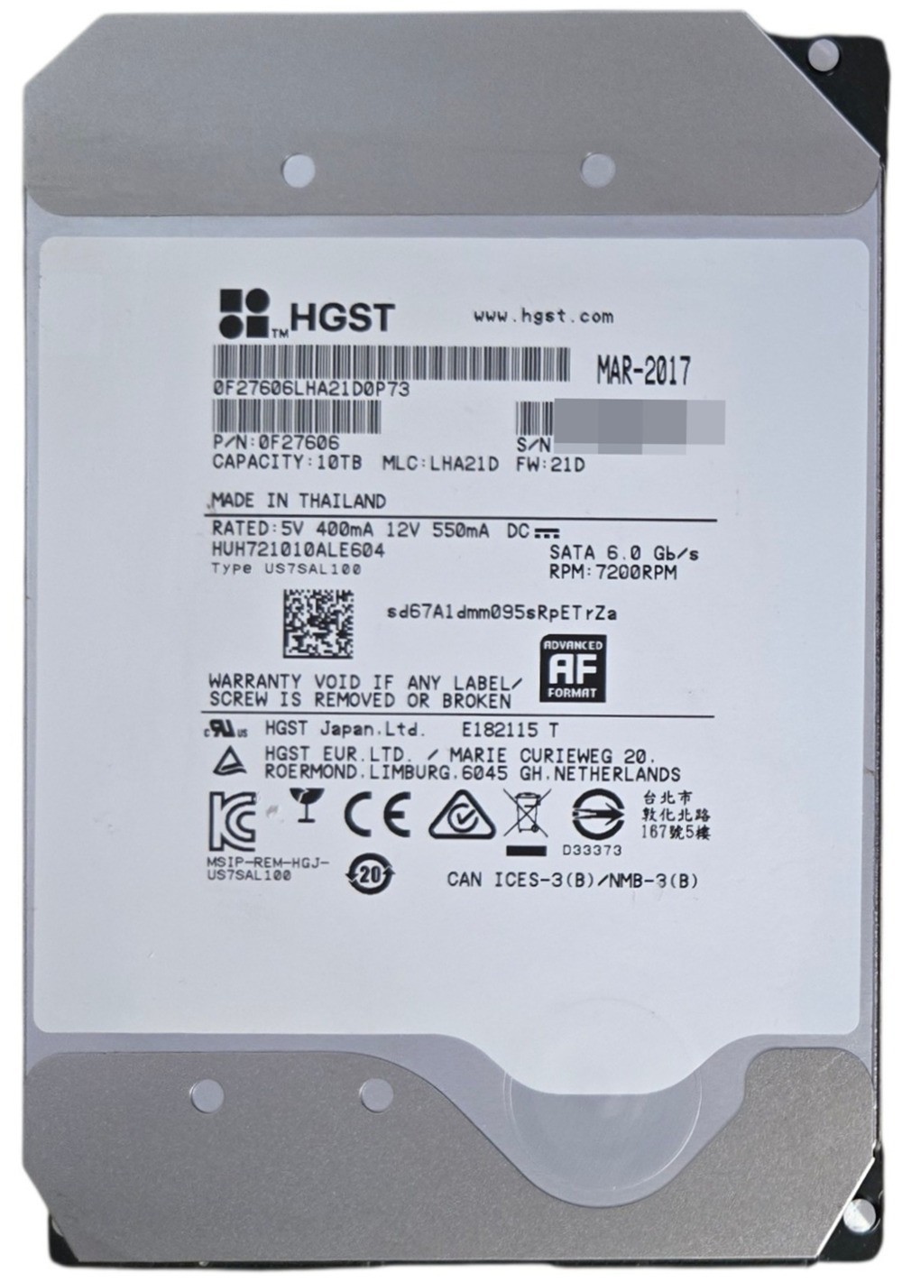 HGST Ultrastar He10 10TB 7200 RPM SATA 6Gb/s 3.5" Hard Drive HUH721010ALE604