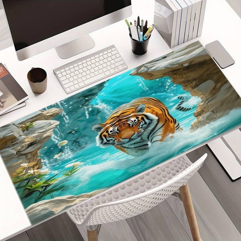 3D Tiger Swimming Mouse Pad - Vivid Turquoise Water Desk Mat with Rocky Backgr