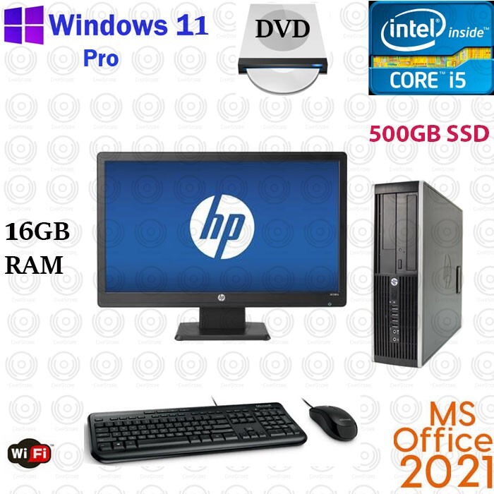 HP Desktop Computer PC Intel i5 16GB RAM 500GB SSD Windows 11 Pro 22" LCD WiFi