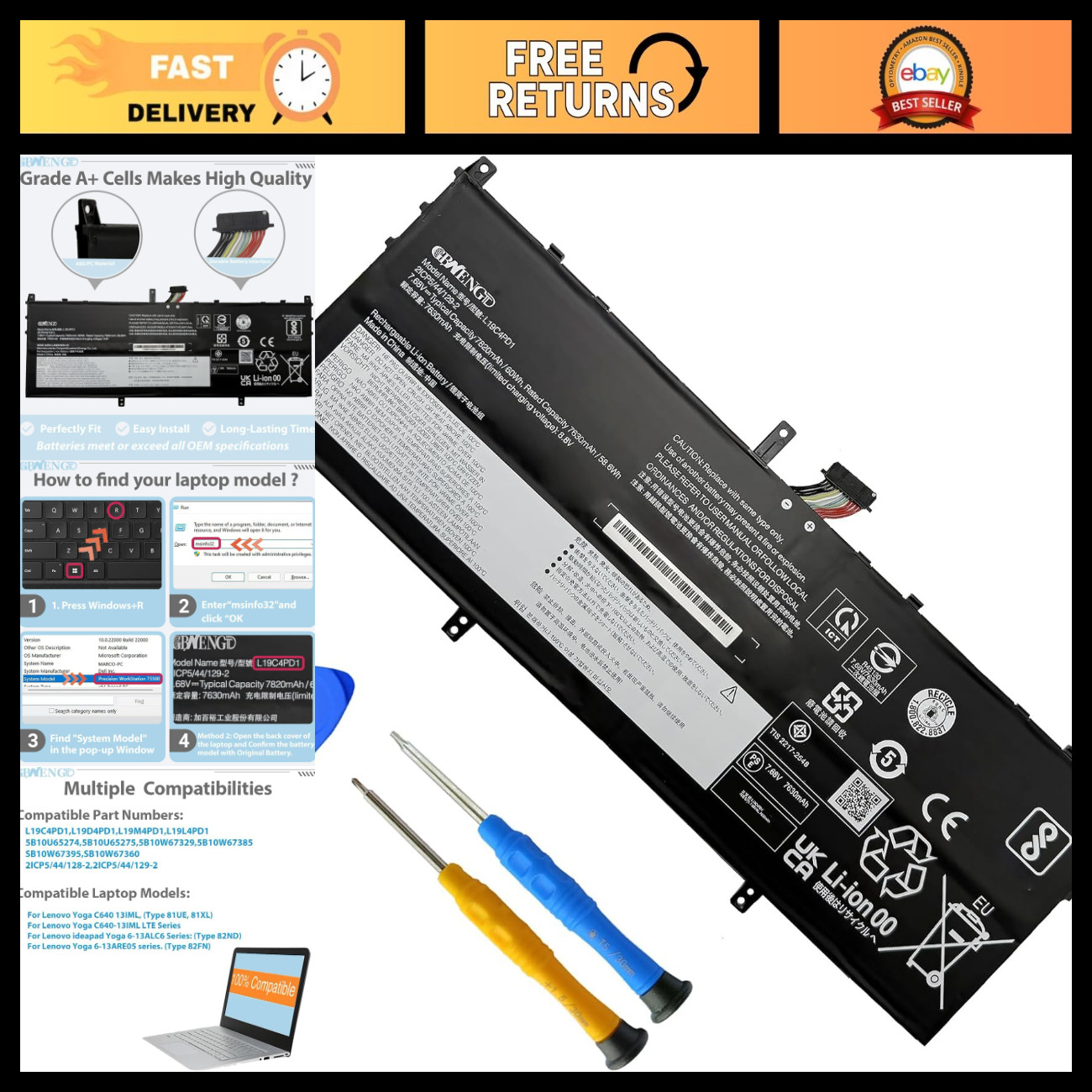 Battery Replacement for Lenovo Yoga C640, IdeaPad Yoga 6 Series, L19C4PD1, L19M4