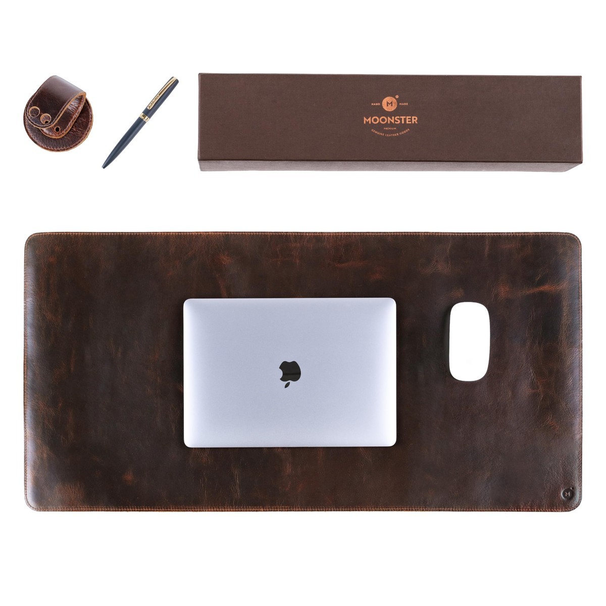 moonster Full Grain Buffalo Leather Desk Pad 31 x 16 in with Pen & Holder