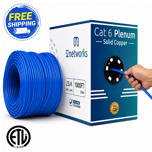 52Networks Cat6 Plenum Cable 1000FT Blue Solid Pure Copper UTP ETL Listed