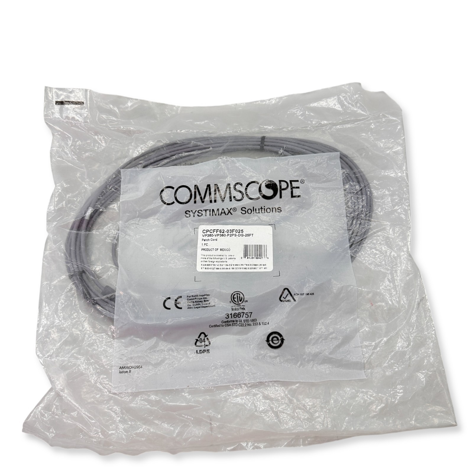 CommScope SYSTIMAX VisiPatch 360 Patch Cord CPCFF62-03F025 Grey 25ft 1PC