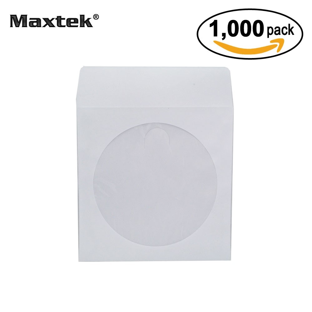 SALE Maxtek® 1,000 CD DVD R CDR White Paper Sleeves with Flap & Clear Window