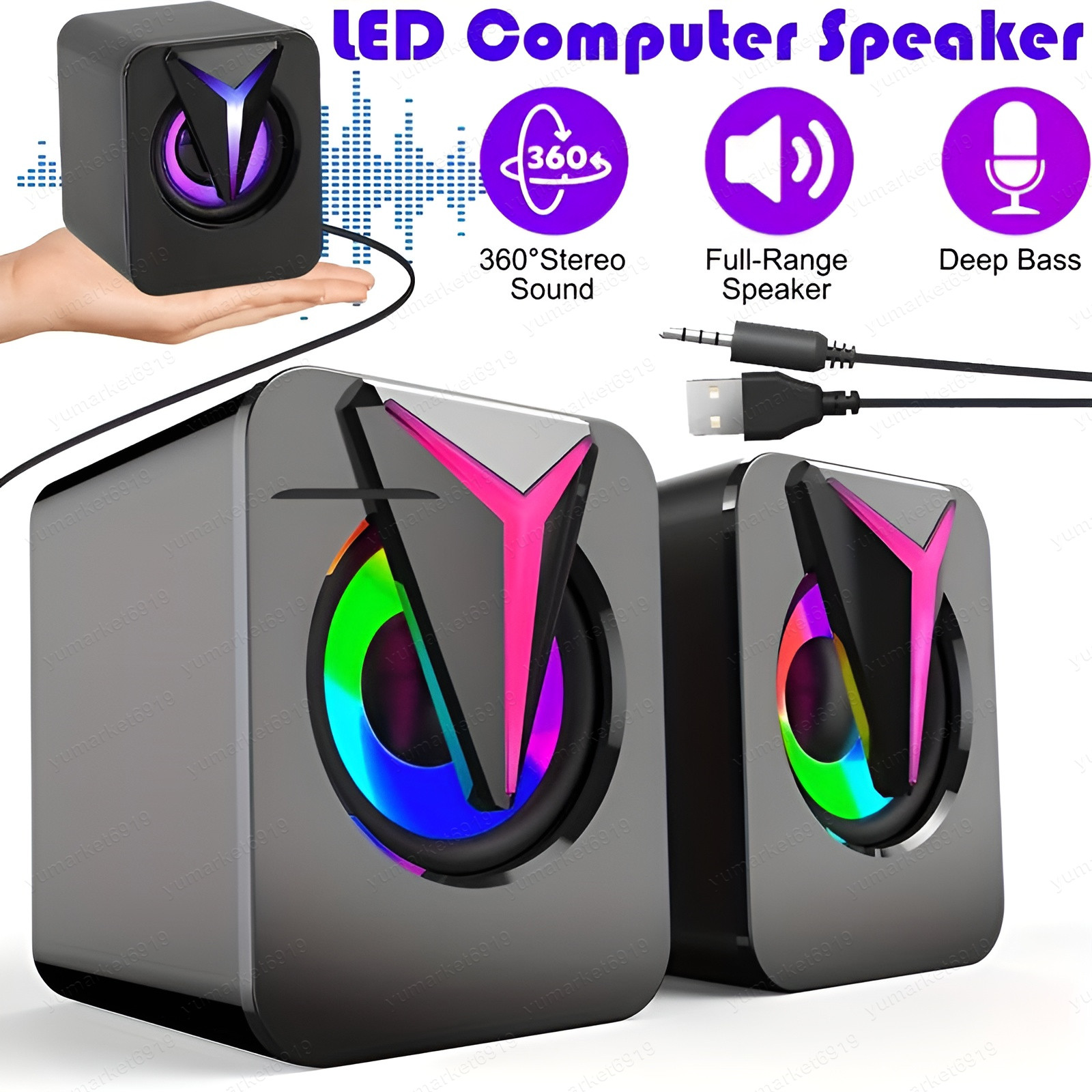 3.5mm RGB LED Mini USB Wired Computer Speakers Stereo Bass For PC Laptop Desktop