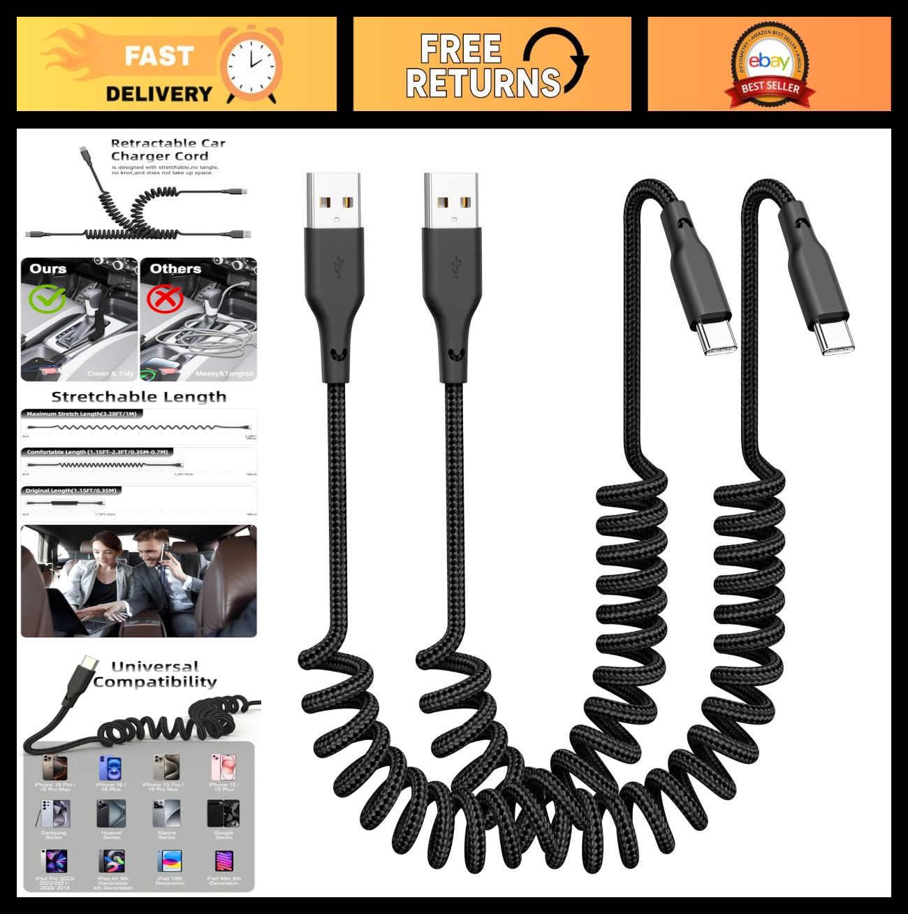Coiled USB A to USB C CarPlay Cable 2-Pack, 3ft Fast Charge Cord for iPhone & Ma