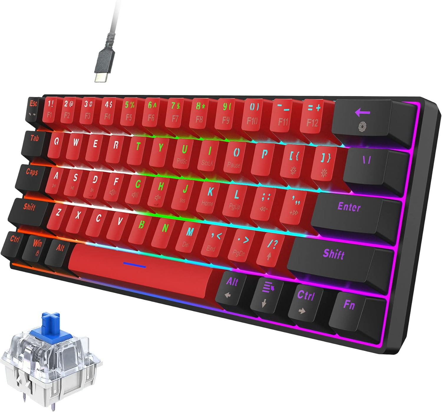 Teclado mecánico para juegos con cable 60 % y retroiluminación LED