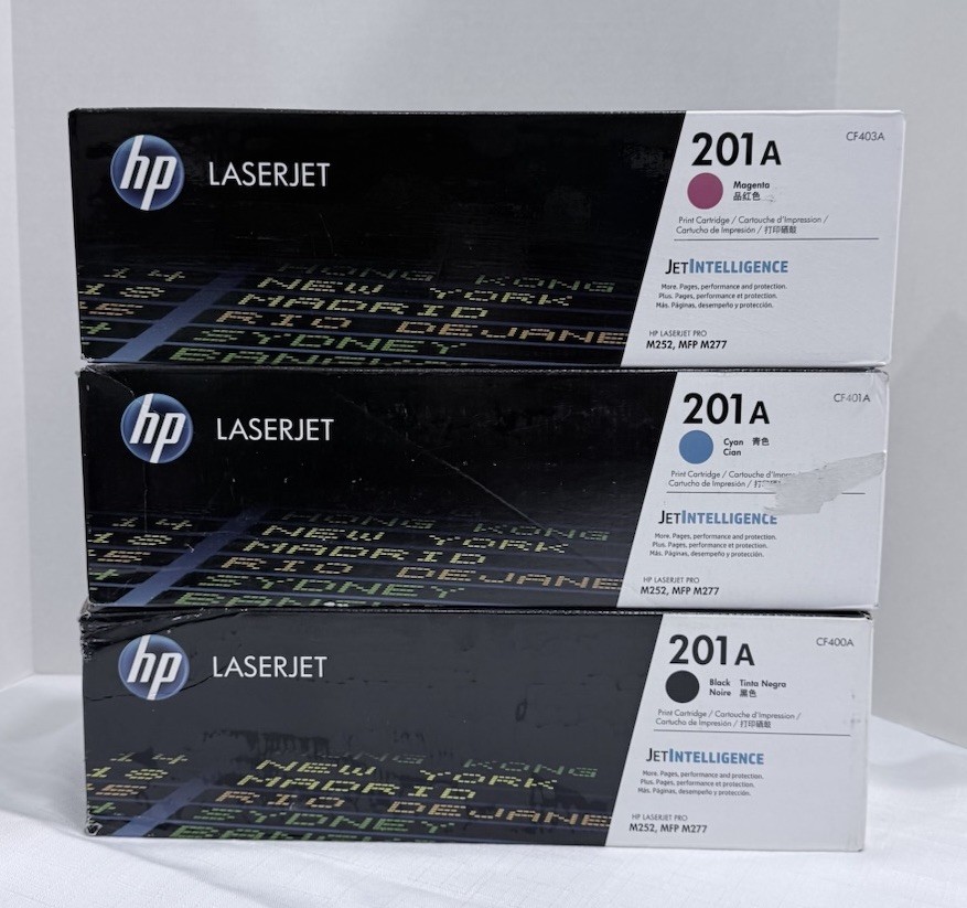Genuine HP 201A Pack of 3 OEM LaserJet Toner Cartridges - Black, Magenta, Cyan,