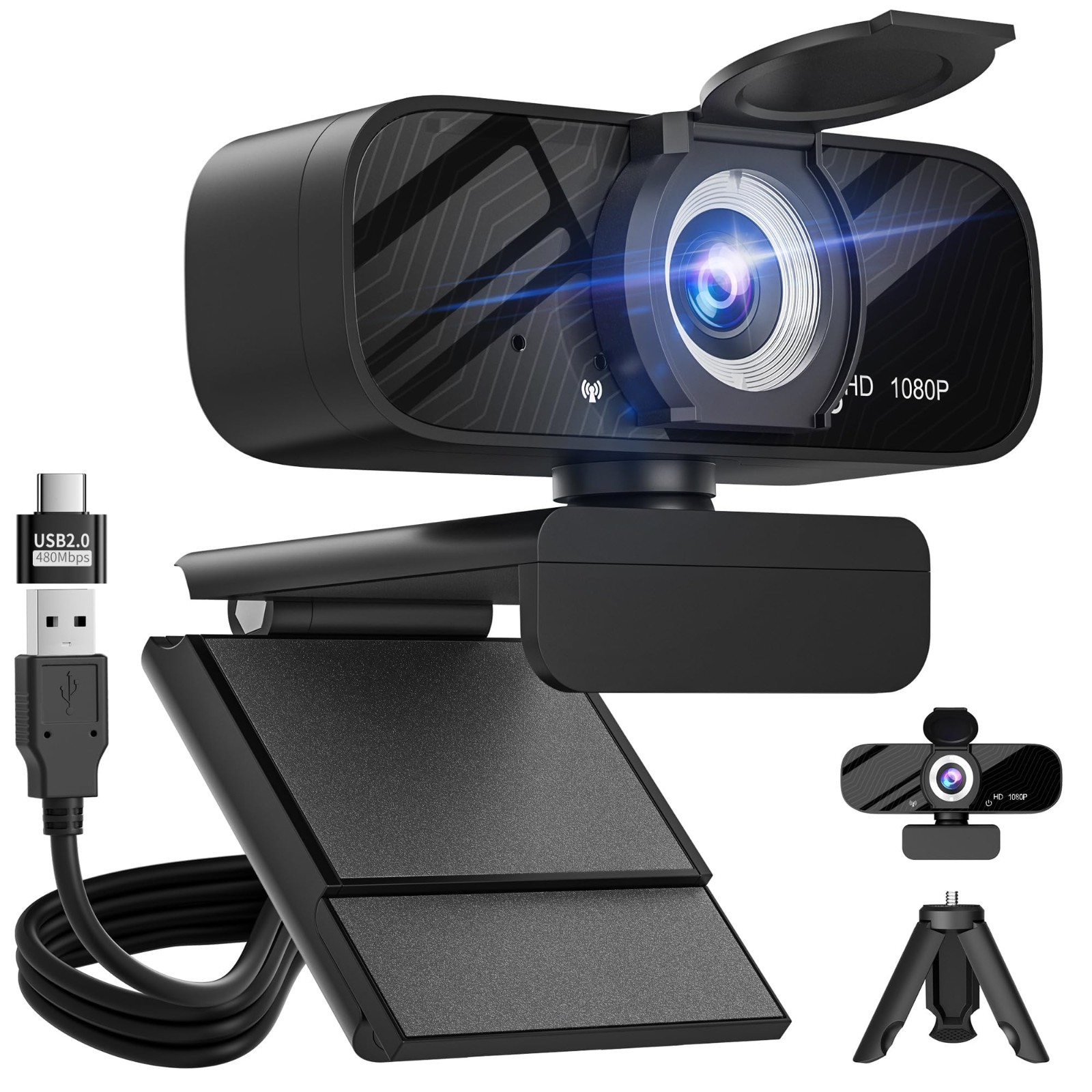 Full HD 1080P Webcam with Noise Cancellation, Privacy Cover, Wide-Angle Lens, US