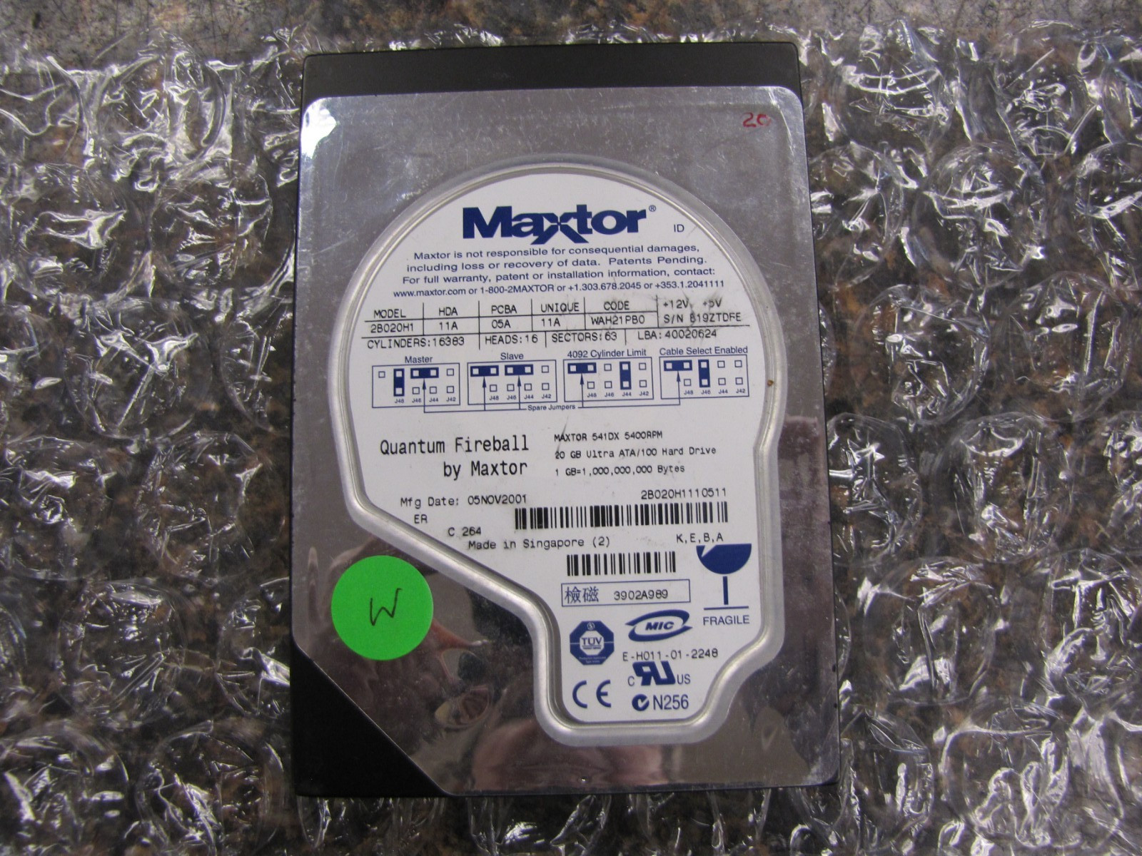 Maxtor Quantum Fireball 2B020H1 WAH21PB0 20GB ATA/100 Hard Drive TESTED -NN3