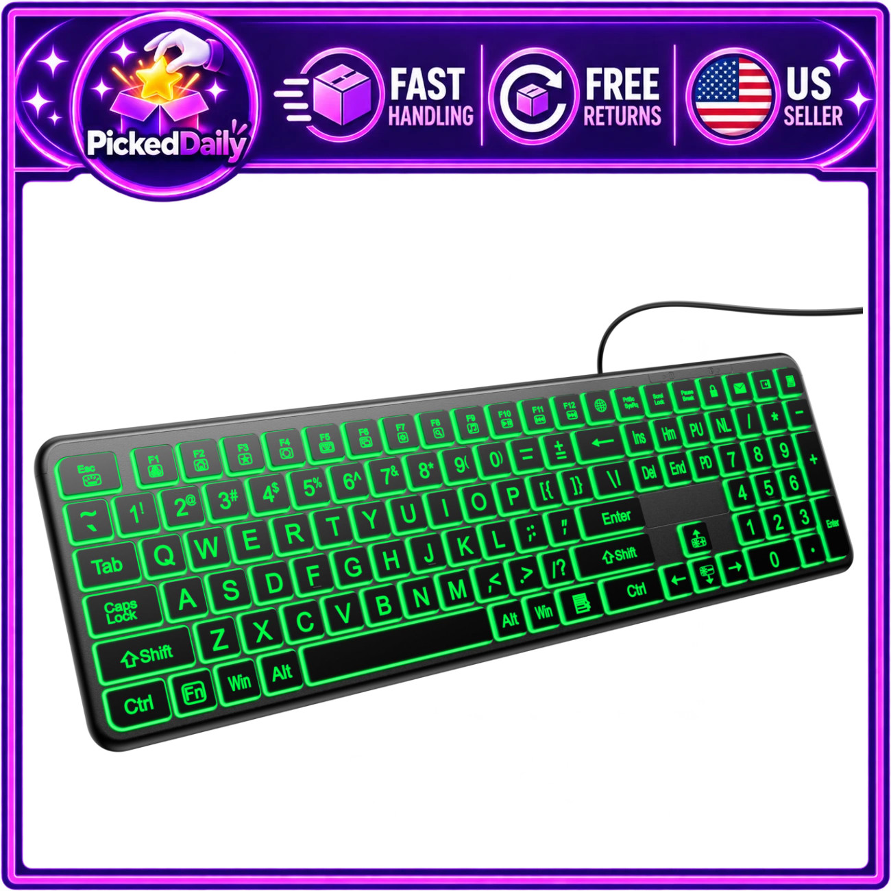 Large Print Light Up USB Keyboard - Silent Wired, Perfect for Easy Typing