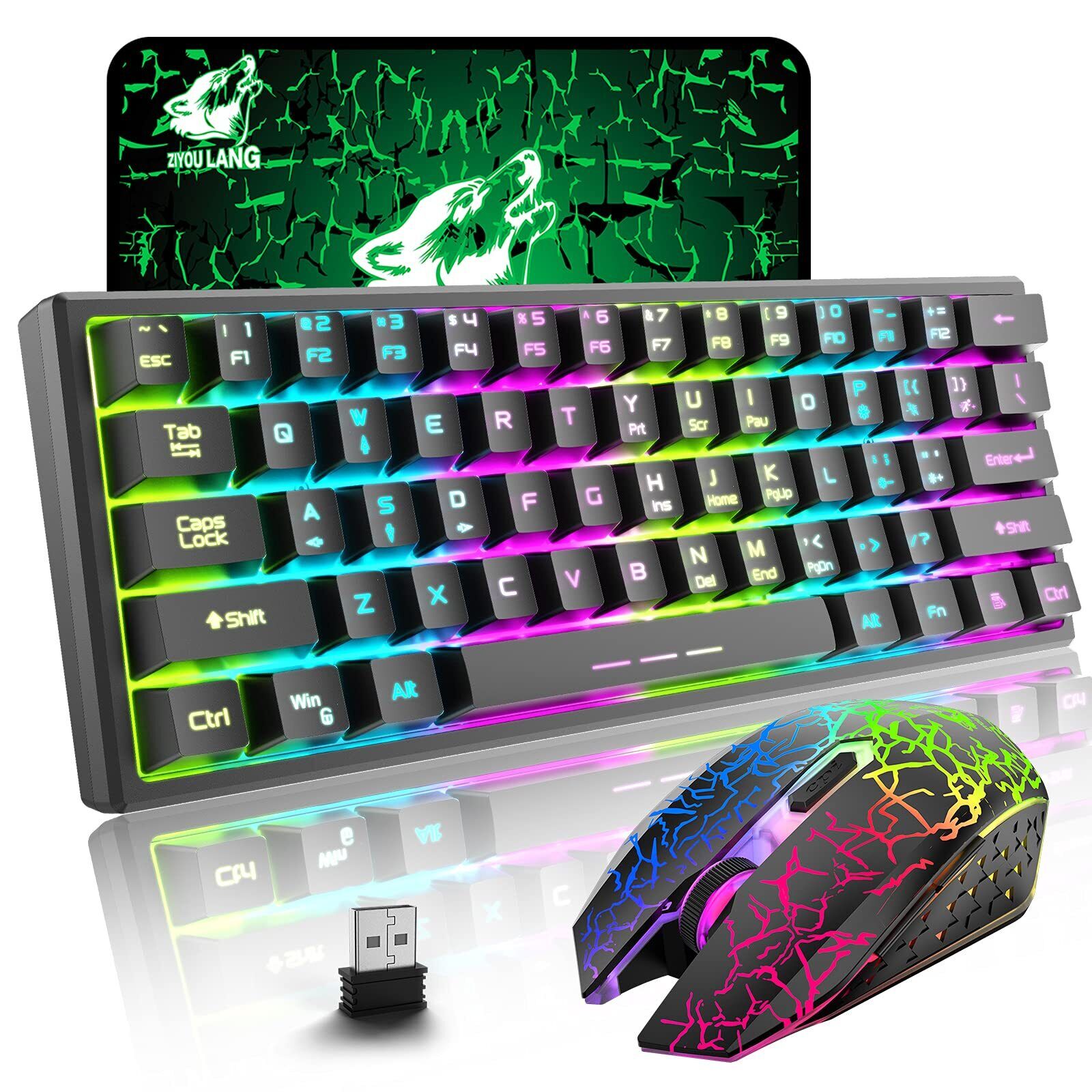 T61 Wireless Gaming Keyboard & Mouse Combo Ergonomic 61-Key Rainbow LED 4000mAh