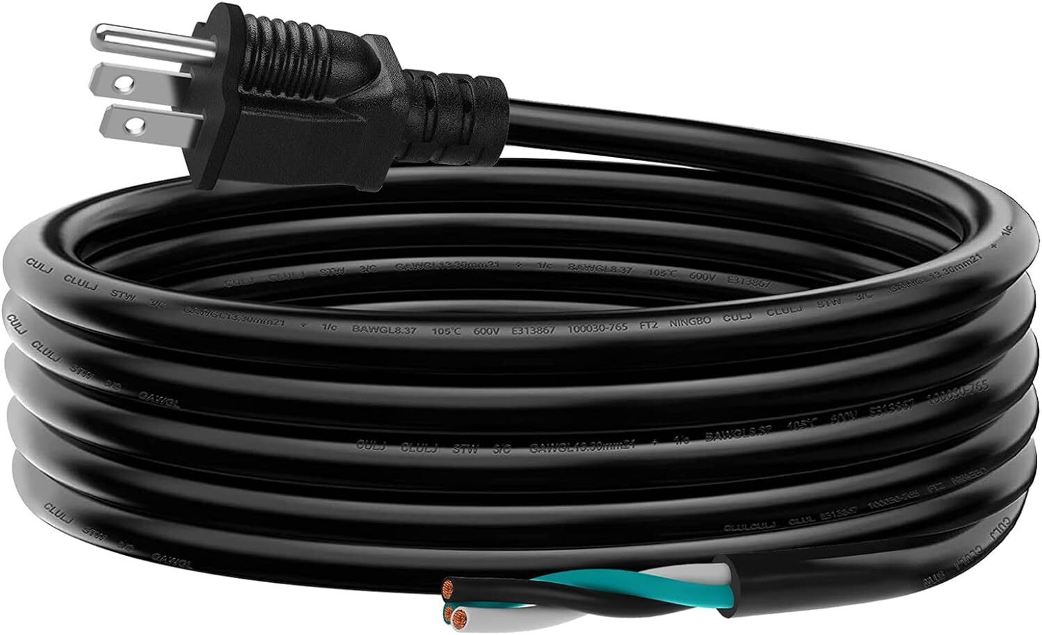 6-Foot 12AWG 3-Prong Power Cord - 20A 12-Gauge Extension Cable with Open Wiring