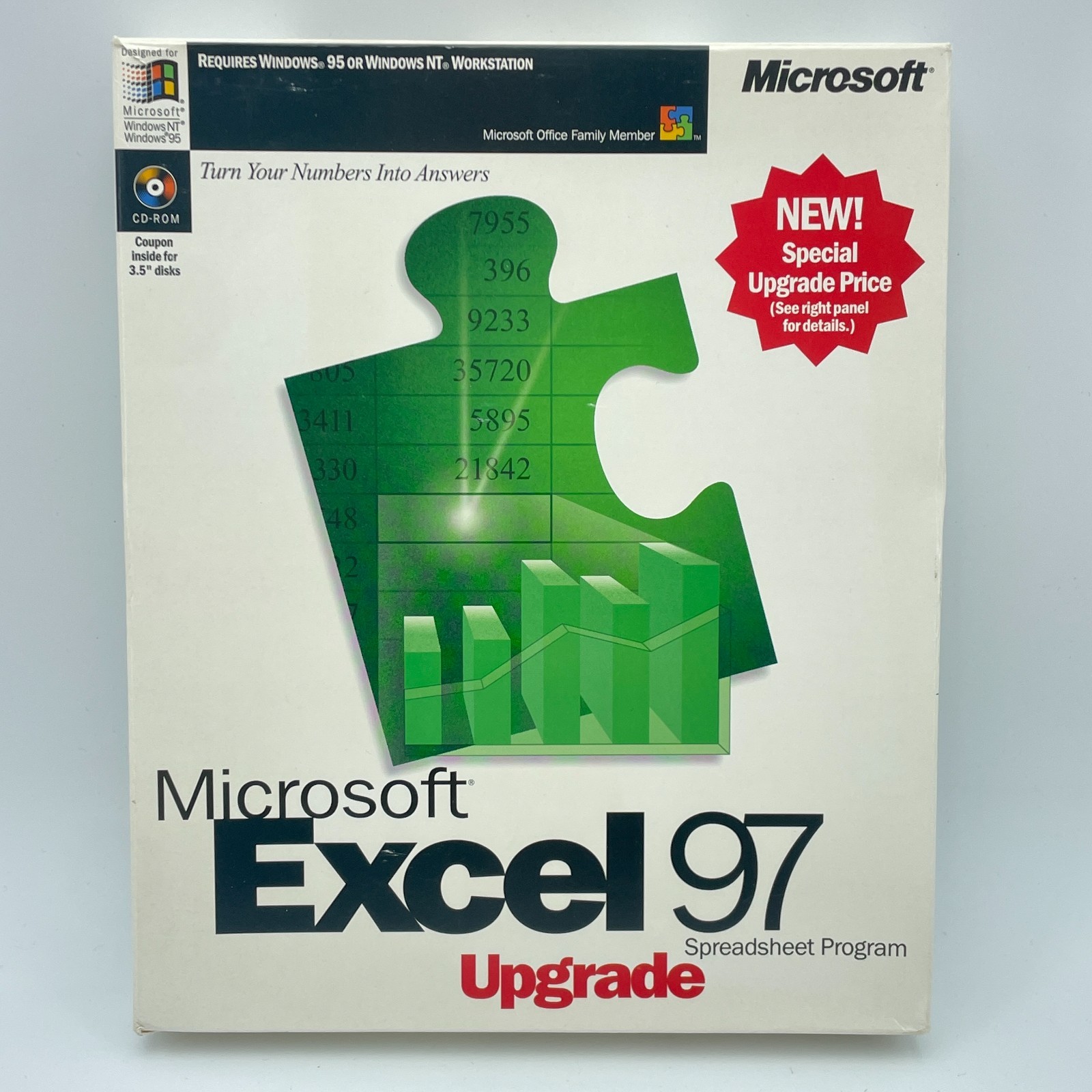 MICROSOFT Excel 97 Upgrade Windows 95 NT CD ROM Software Big Box Product Key