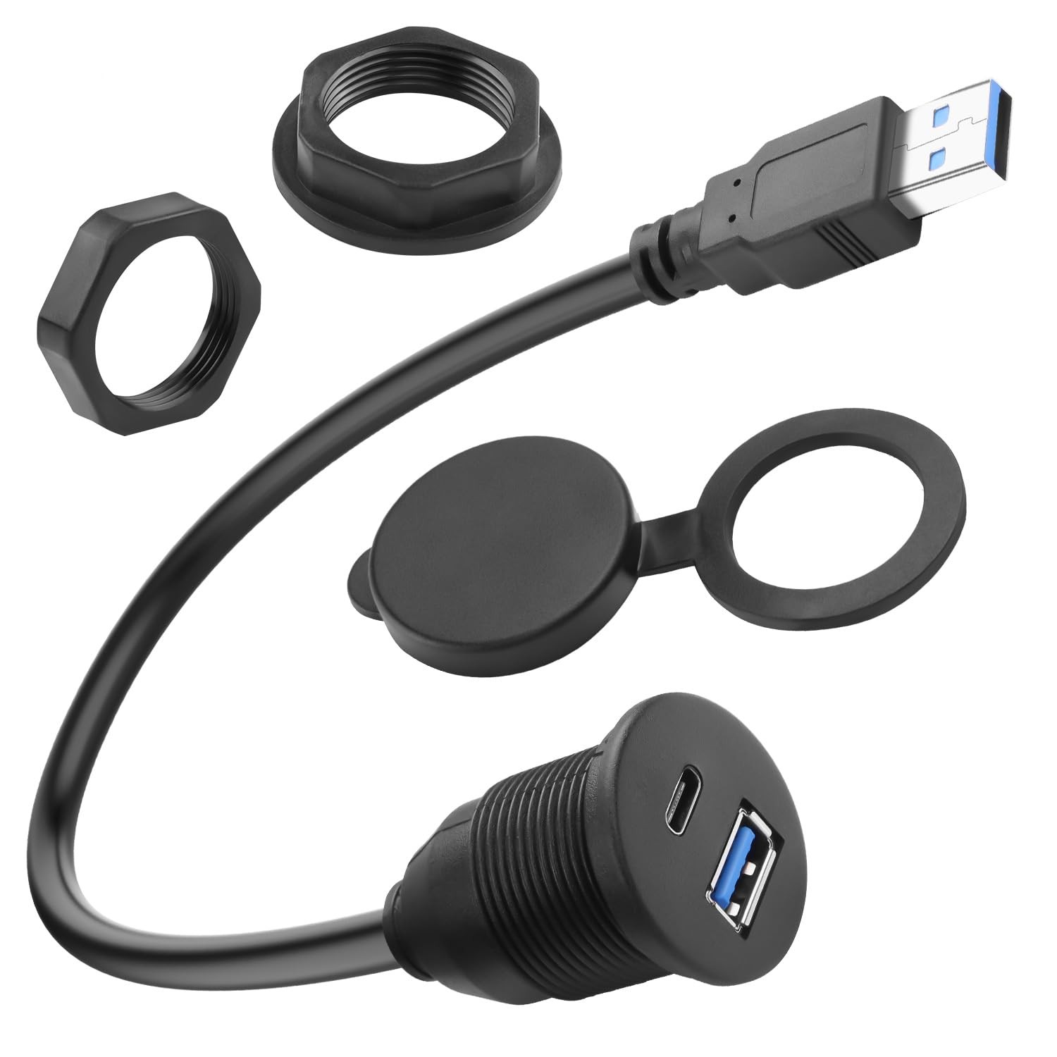 USB 3.0 to USB-A & USB-C 2-in-1 Adapter Cable 5Gbps 5V3A Mount Car RV 30cm Sp...