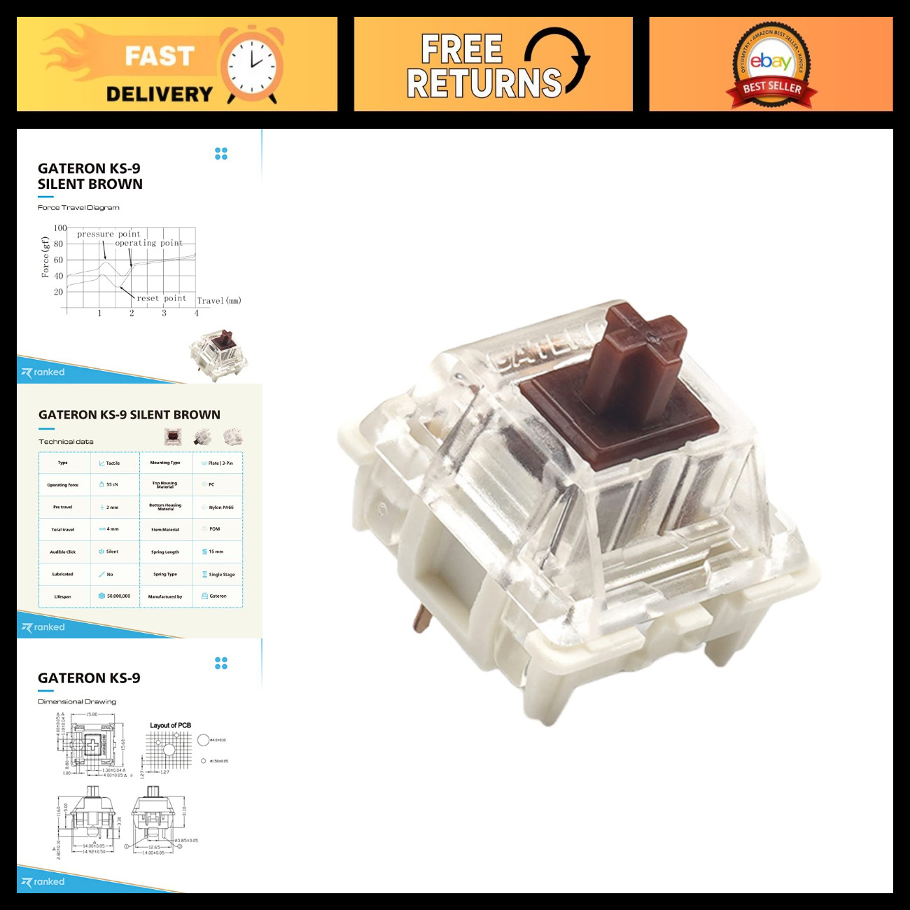 65 Pcs Gateron Silent Brown Mechanical Key Switches for Gaming Keyboards - Plate