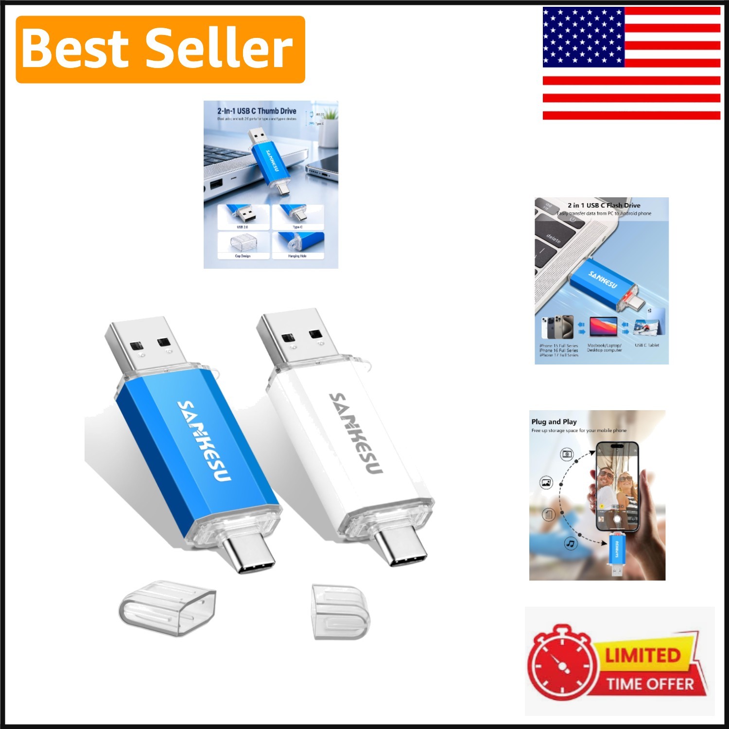 128GB Dual Connector USB C Flash Drive - Compatible with All Devices, 2-Pack