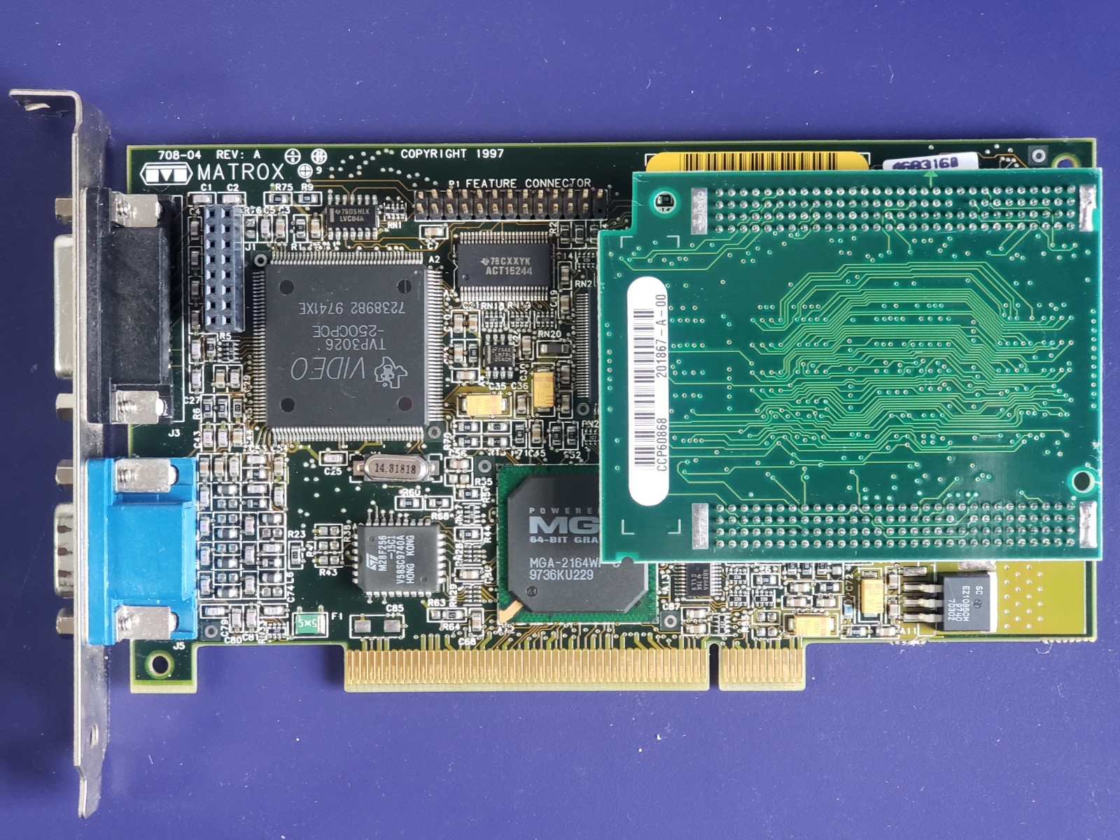PCI Video Card, Matrox Millennium II MGA, 8MB (708-04) Vintage, Working