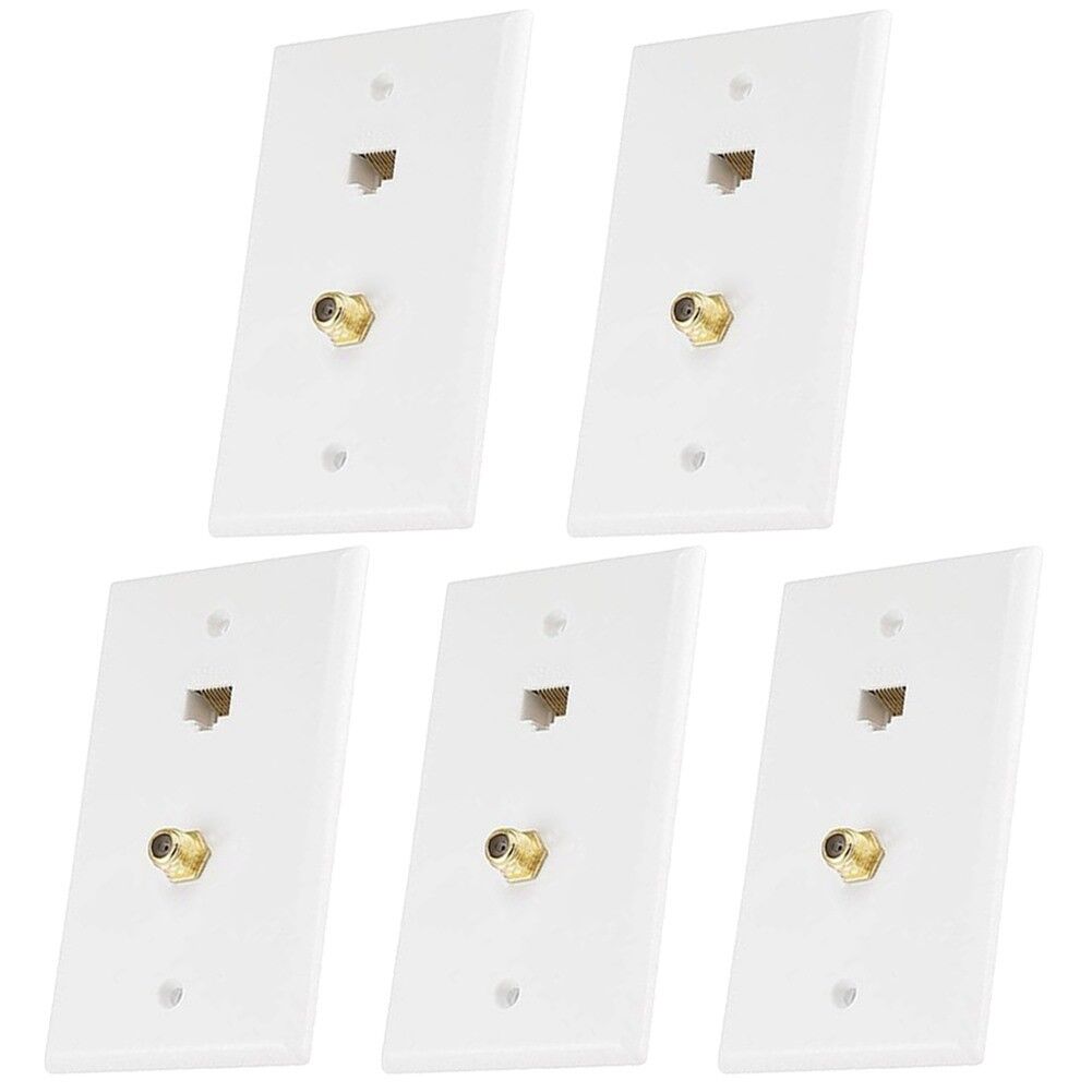 5x Cat5E RJ45 Ethernet & F Type Coax Cable Coupler Wall Plate Gold Plated White