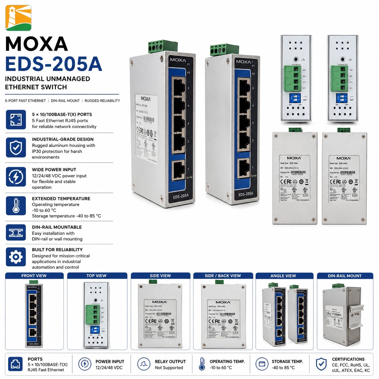 Lot of 2 MOXA EDS205A 5 Port Industrial Unmanaged Switch.