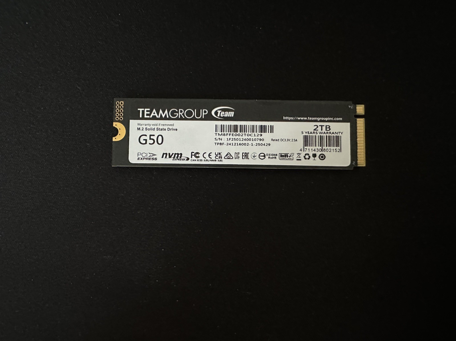 TEAMGROUP T-FORCE G50 2TB M.2 2280 PCIe Gen4 NVMe SSD 5000 MB/s TM8FFE002TOC129