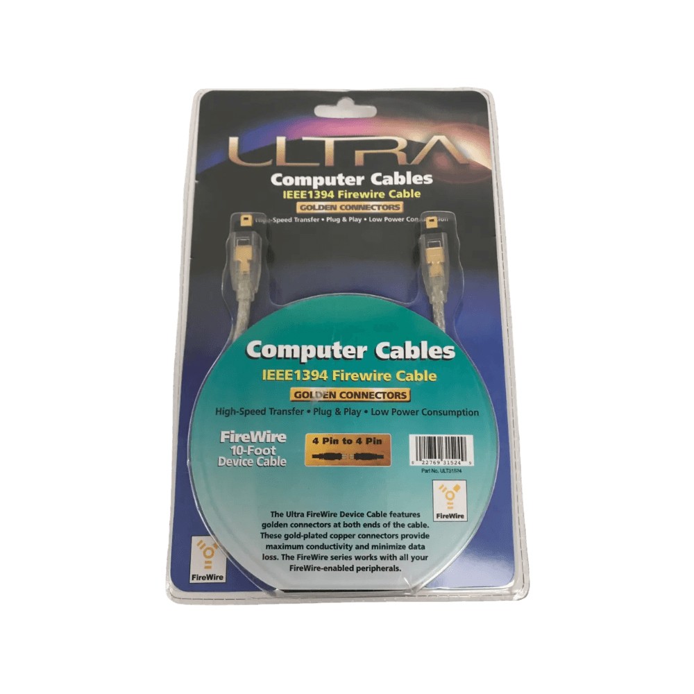 Ultra ULT31524 Golden Connectors IEEE1394 400Mbps Firewire Cable 10ft 4Pin to