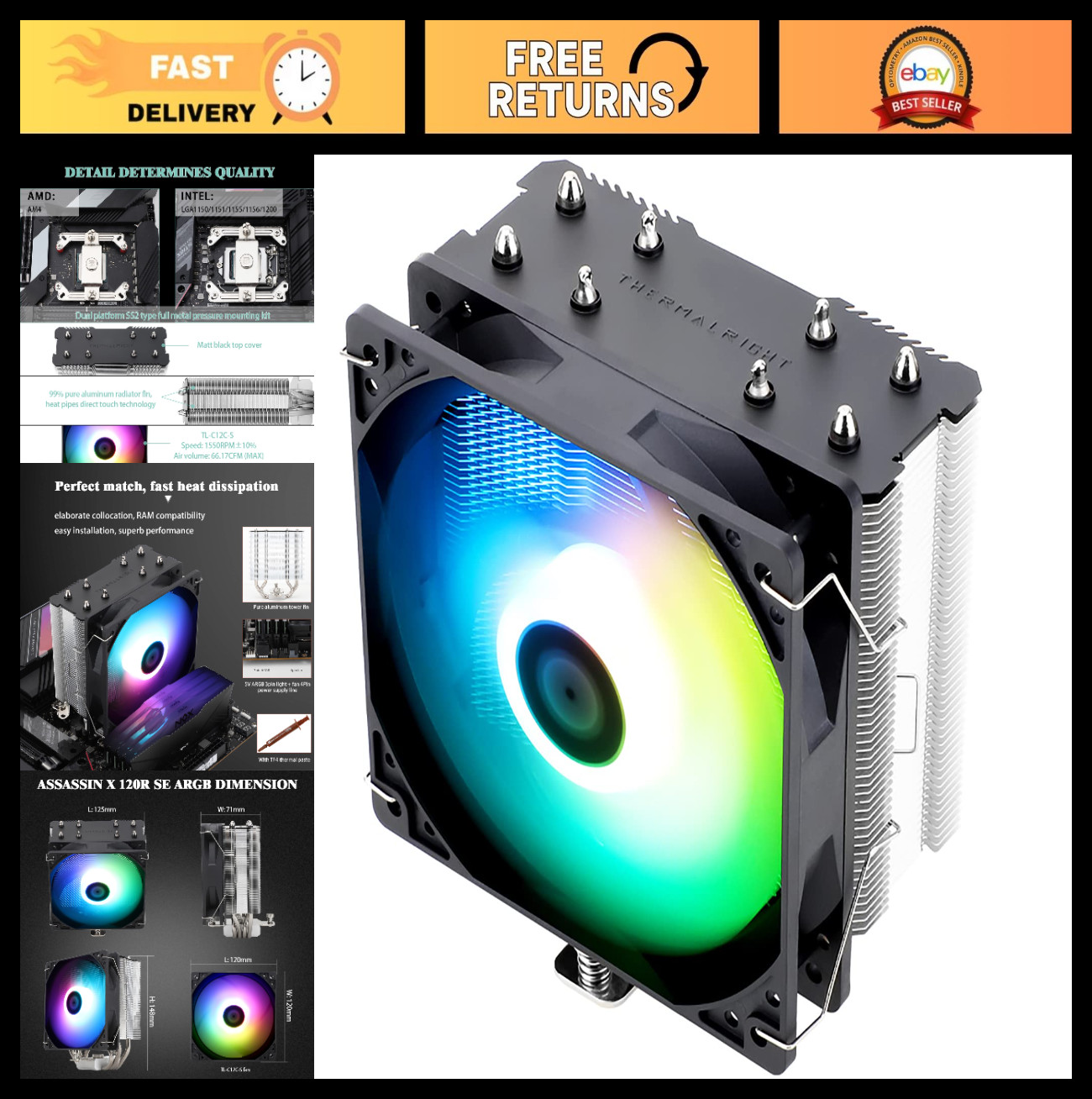 High-Performance CPU Air Cooler, 4 Heat Pipes, PWM Fan, Aluminium Heatsink, AMD/
