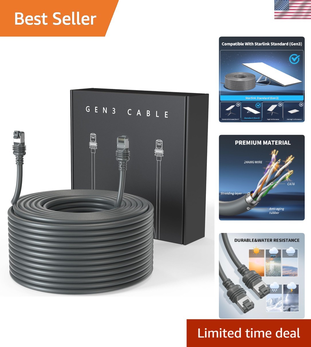 Reliable 150FT Cat 6 Starlink Gen 3 Cable - Waterproof for Indoor/Outdoor Use