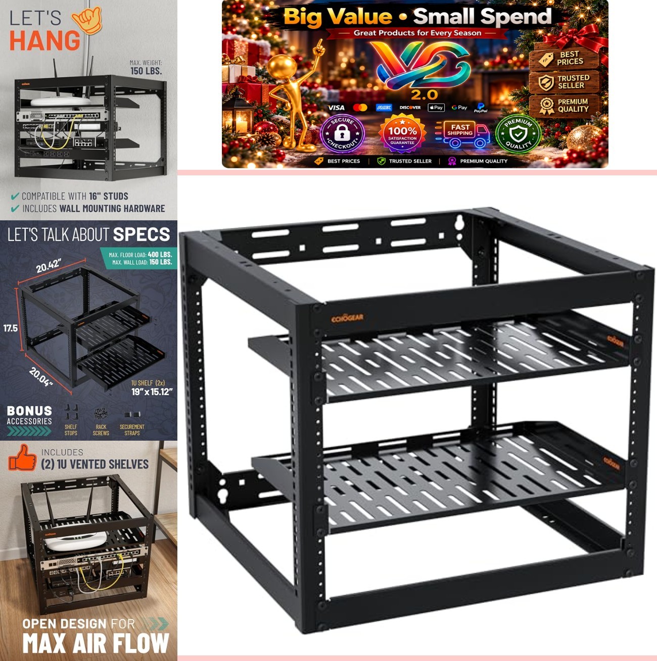 10U Open Frame Server Rack Wall Mount 20.4" Deep 2x 1U Vented Shelves Black